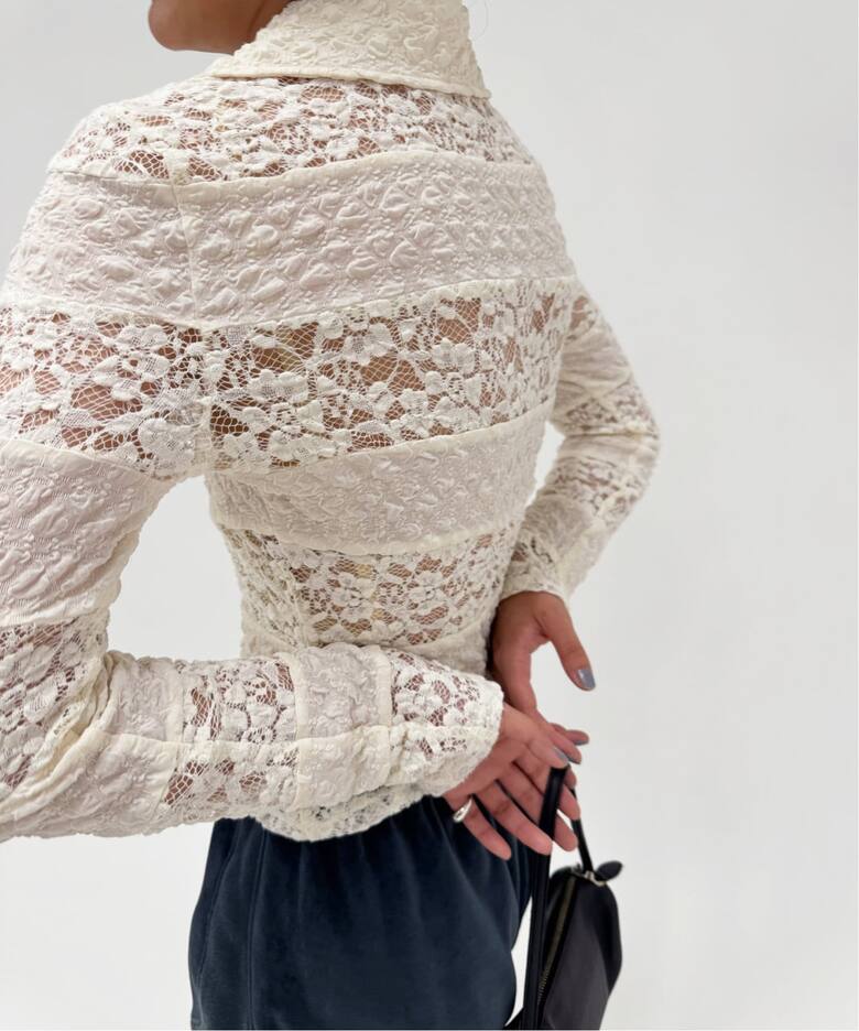 YUHAN WANG/ユハン ワン】collared stripe lace polotop（Tシャツ 