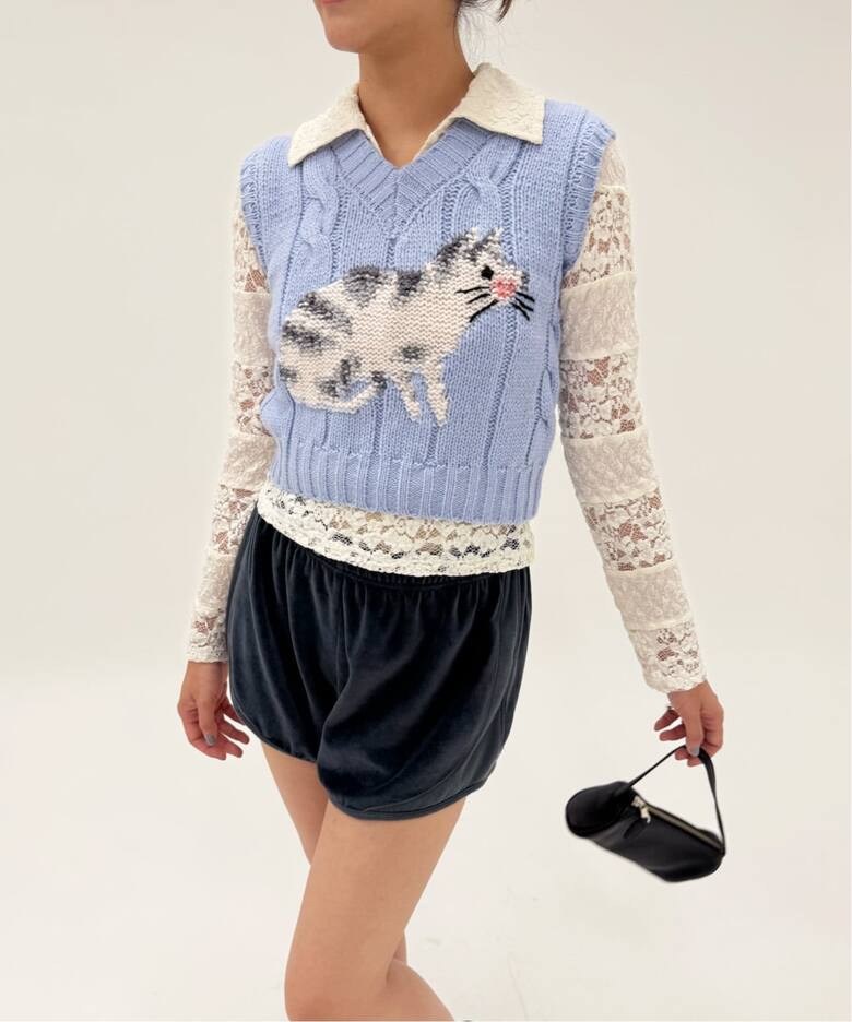 YUHAN WANG/ユハン ワン】collared stripe lace polotop（Tシャツ 