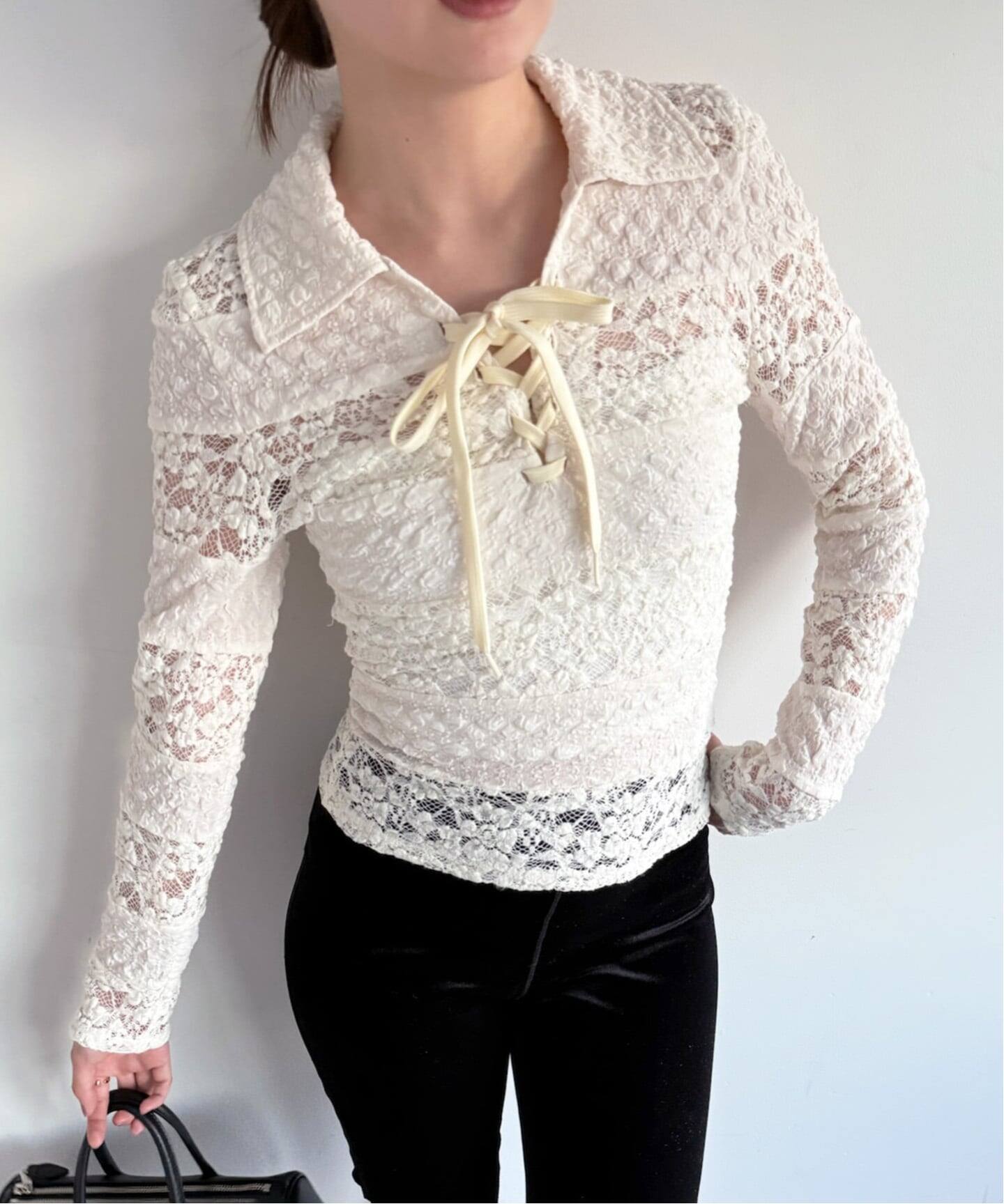 YUHAN WANG/ユハン ワン】collared stripe lace polotop（T