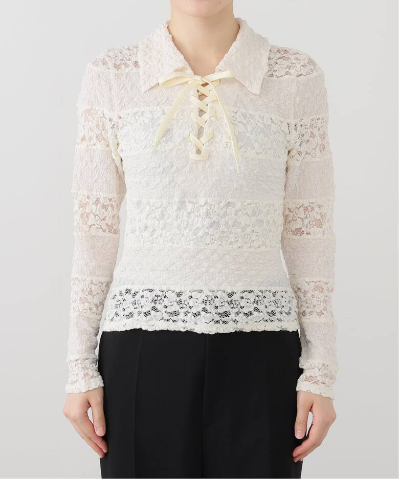 YUHAN WANG/ユハン ワン】collared stripe lace polotop（Tシャツ 
