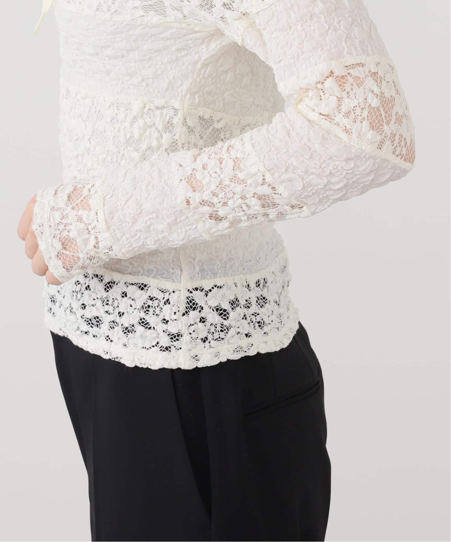 YUHAN WANG CyclingTOP レース トップス ユハンワン YUHAN WANG/ユハン ワン】collared stripe lace polotop（T