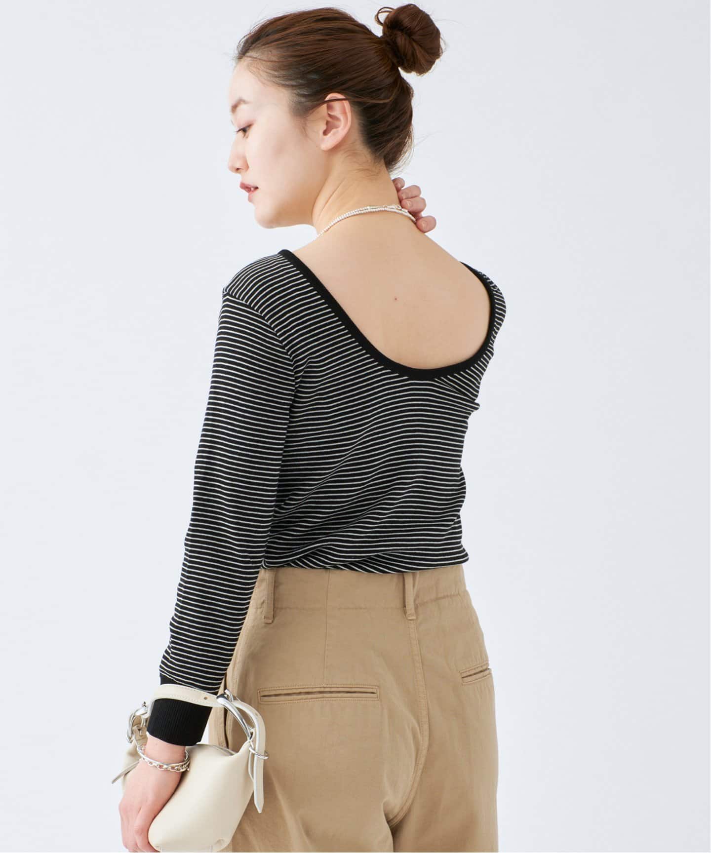 IENA◆25SS/Mer cotton セーターマシン/--/コットン/BLK/ボーダー/25070900 Mer cotton セーターマシン 七分袖 プルオーバー（Tシャツ
