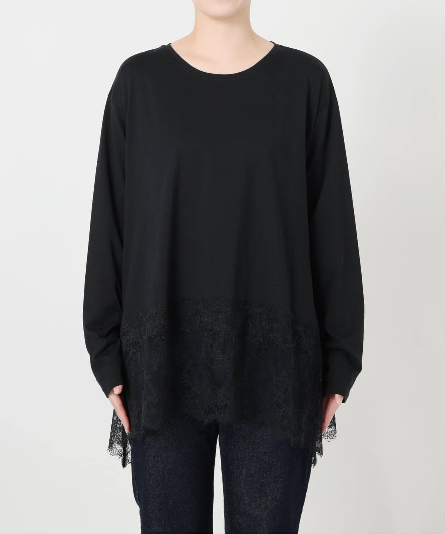 スローブイエナ　レースコンビカットソー　ブラック 追加3予約》レースコンビカットソー（Tシャツ／カットソー）｜SLOBE