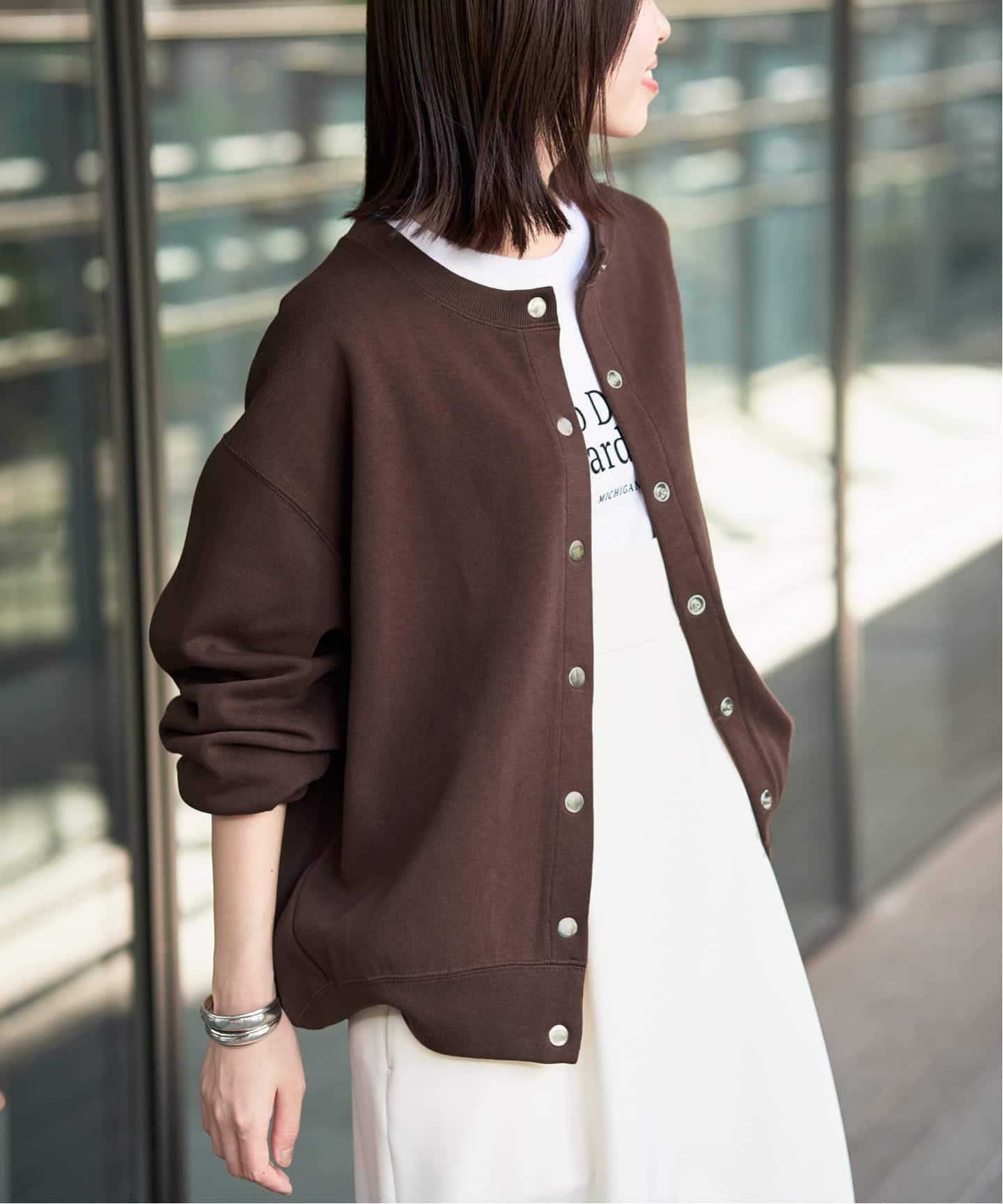 SLOBE IENA ダブルフェイスジャージースナップカーディガン　カーキ スローブ イエナ SLOBE IENA 《WEB限定/追加3予約》ダブル