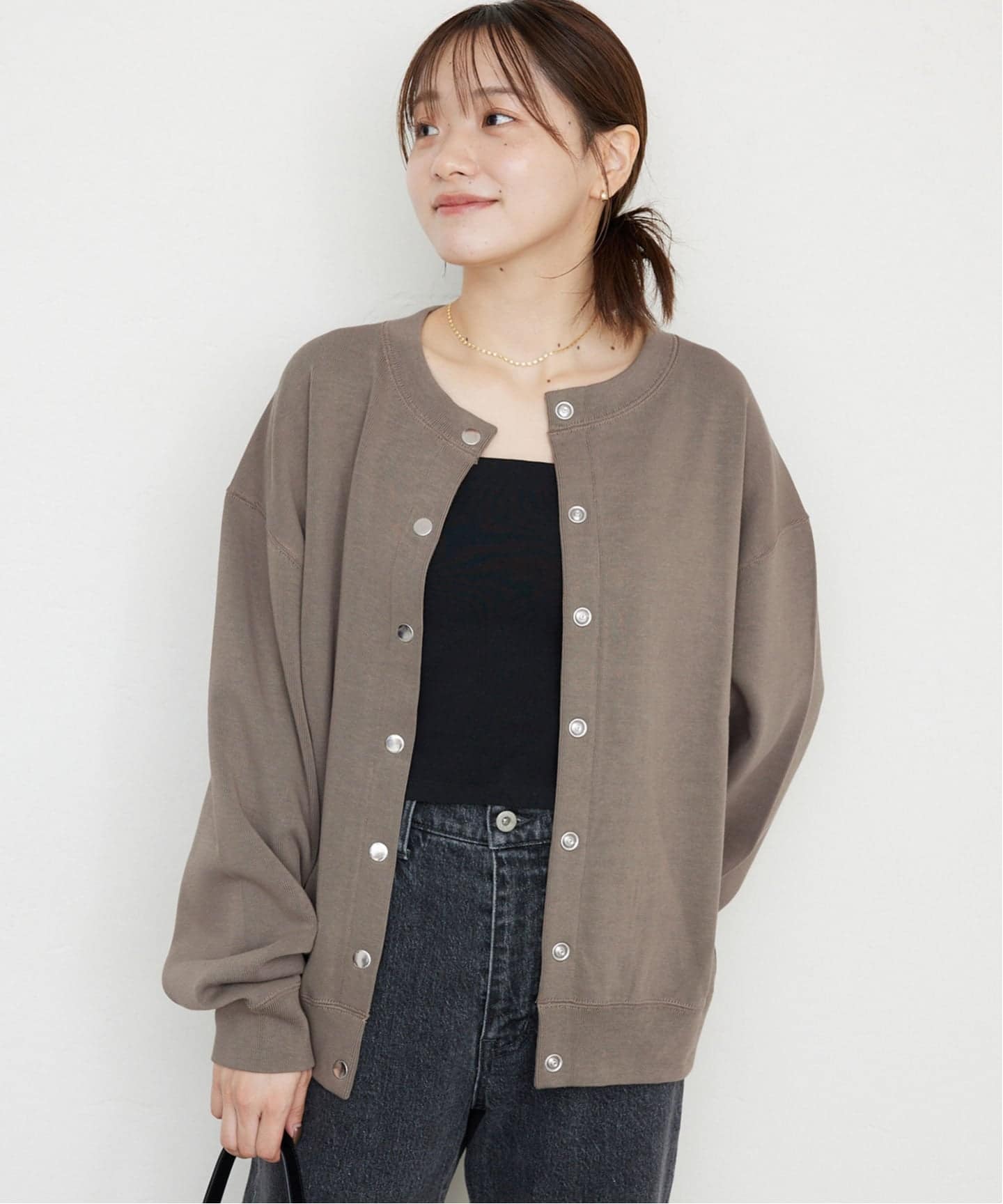 SLOBE IENA ダブルフェイスジャージースナップカーディガン　カーキ WEB限定/追加4》ダブルフェイスジャージースナップカーディガン