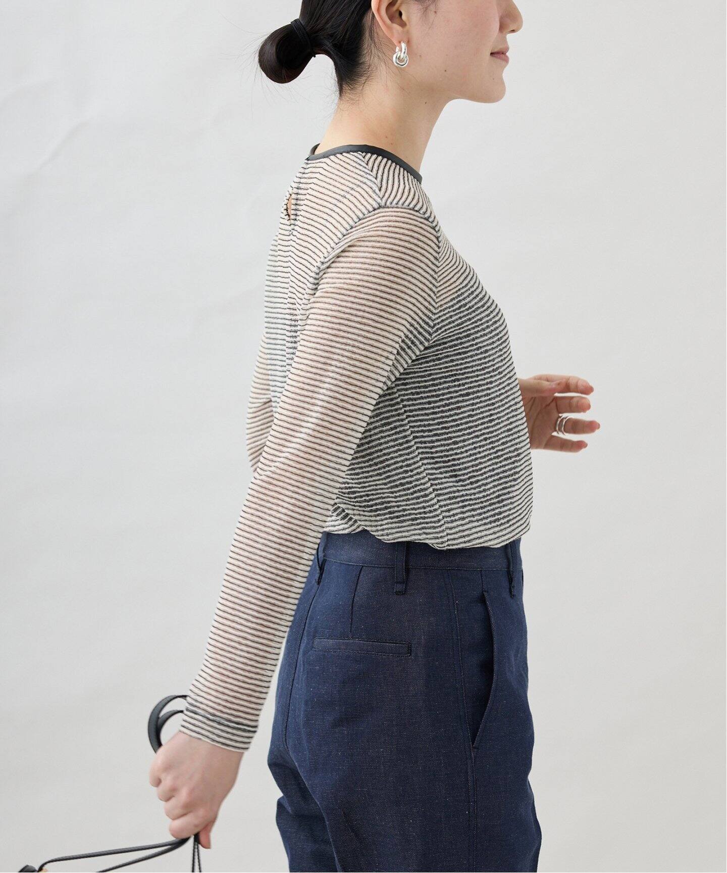 VERMEIL par iena◆長袖カットソー/FREE/コットン/NVY/ボーダー/24-070-938-5330-1-0 sheer border cut プルオーバー（Tシャツ／カットソー
