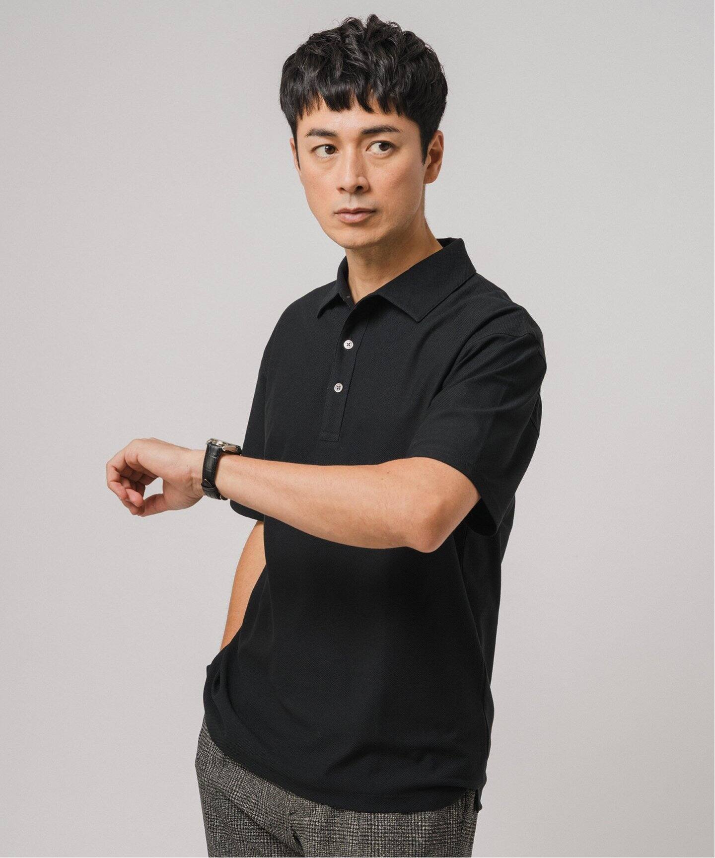 EDIFICELACOSTE 別注 バンドカラー フルオープン ポロシャツ　黒 LACOSTE / ラコステ】別注 バンドカラー フルオープン