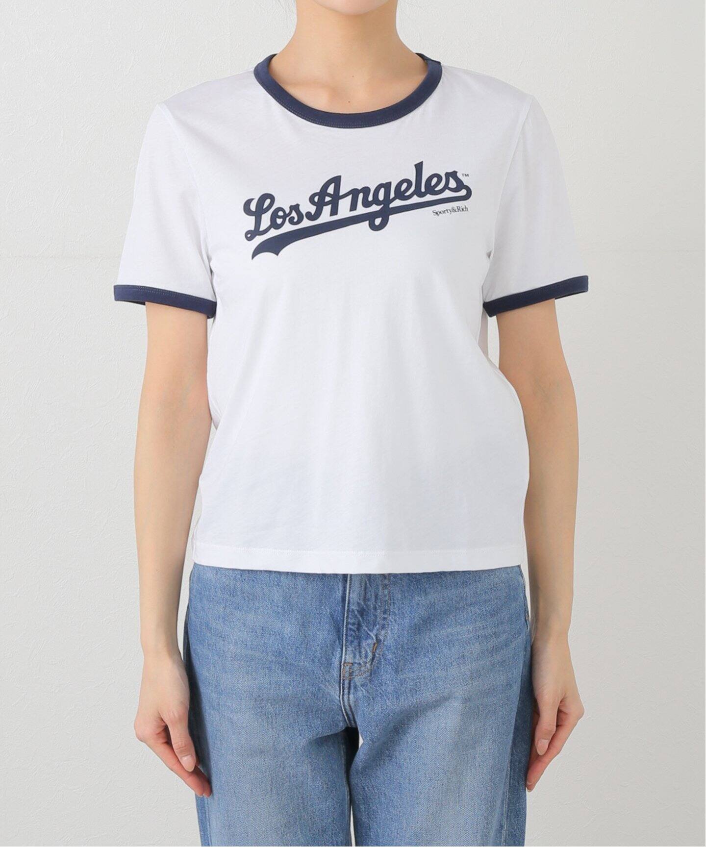 tシャツ SPORTY＆RICH / スポーティアンドリッチ DODGERS SERIF RINGER T-SHIRT レディース Dodgers Serif Ringer Tee - White/Team Blue – Sporty & Rich