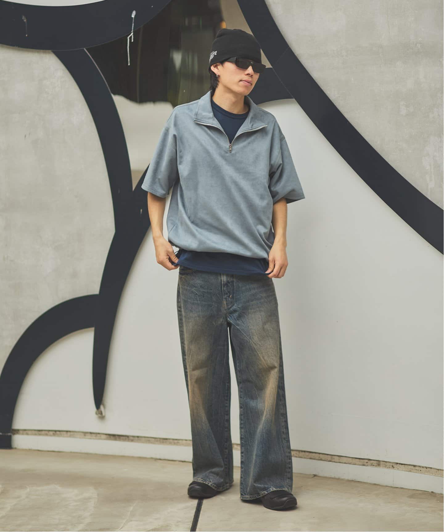 フェイク スエード ハーフ ジップ 半袖 T（Tシャツ／カットソー