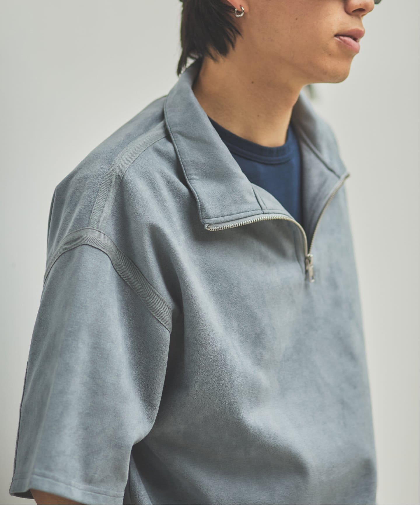 フェイク スエード ハーフ ジップ 半袖 T（Tシャツ／カットソー