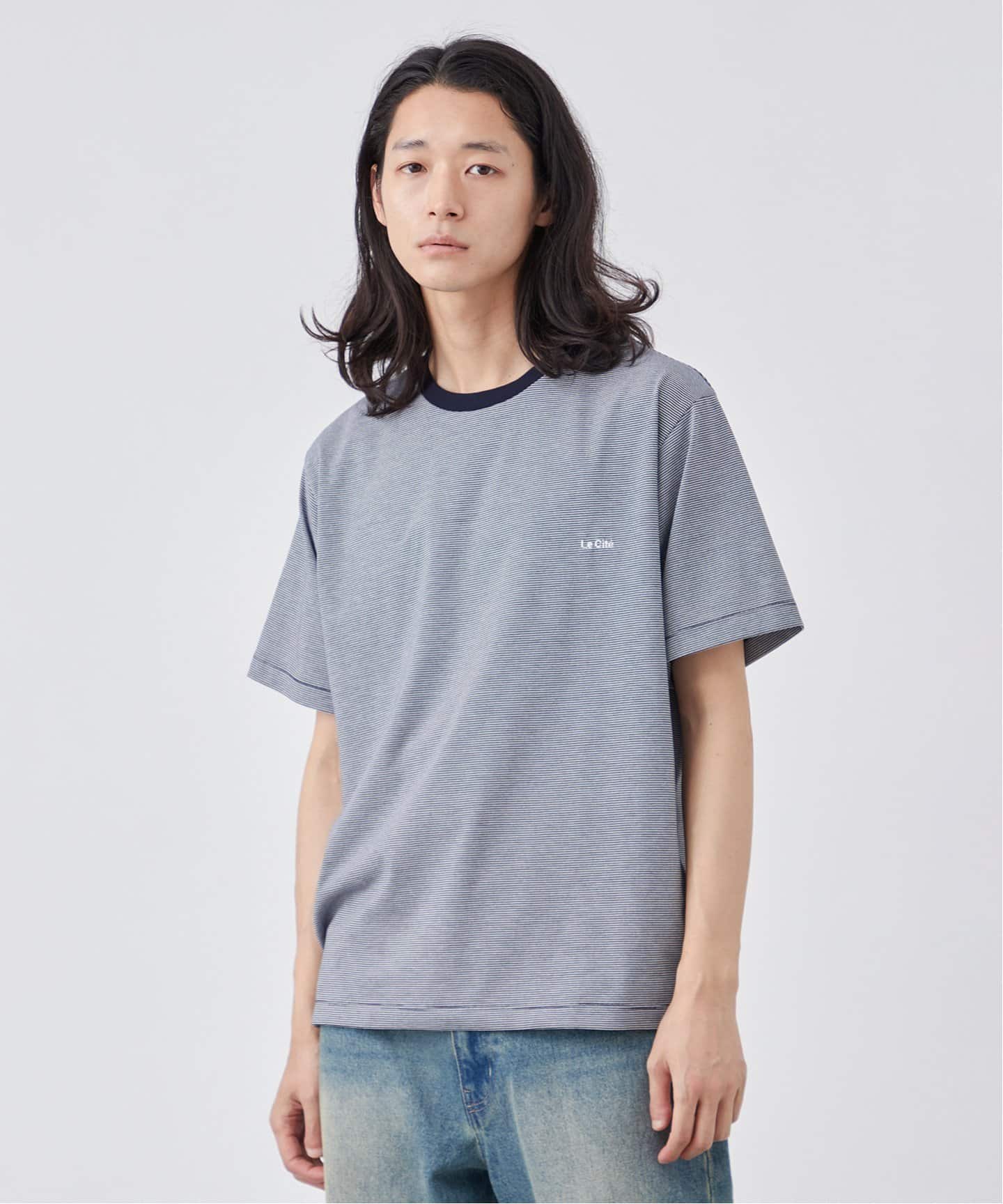 CAVEファブリック ピンボーダー 半袖Tシャツ