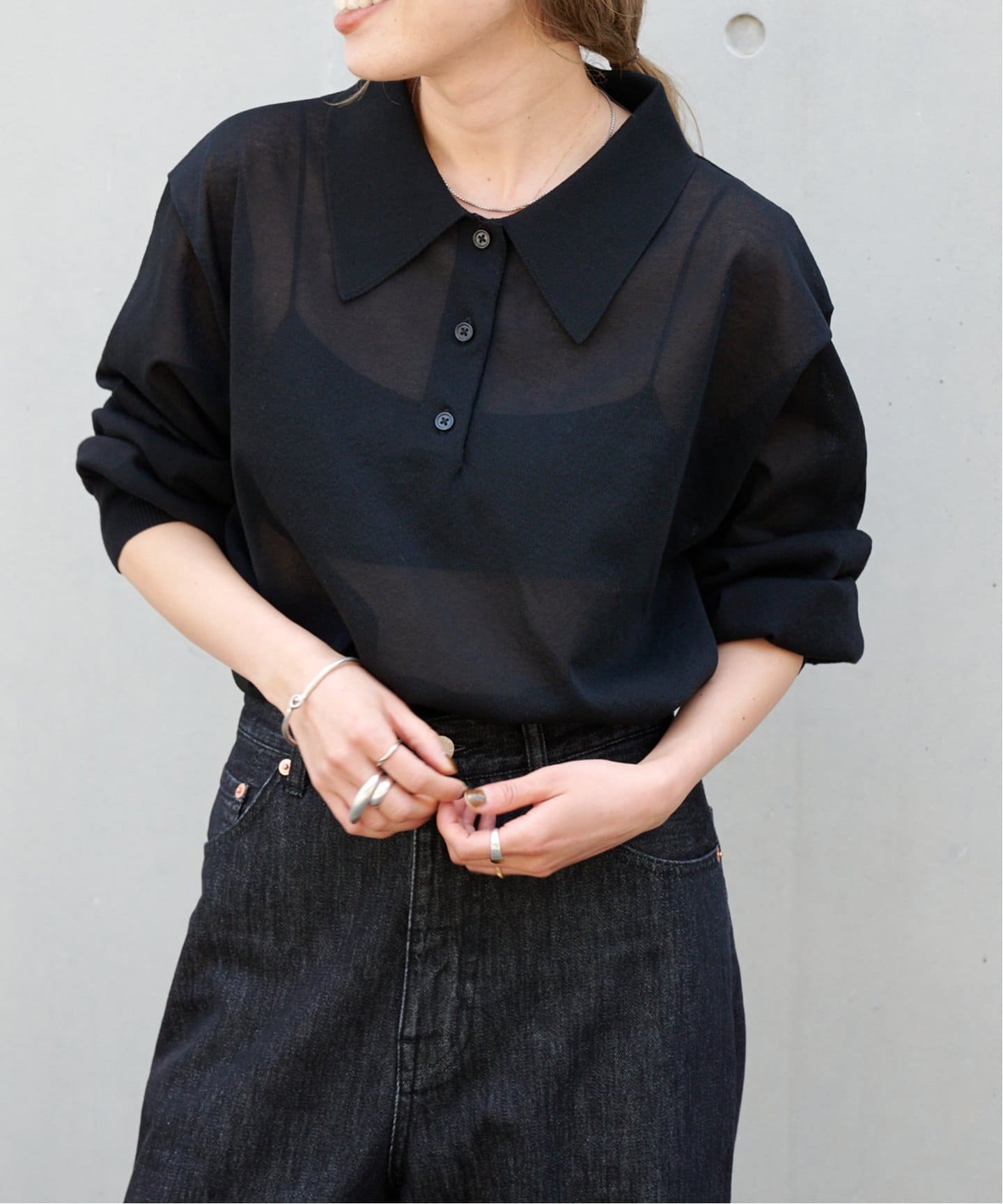 ハイゲージシアーロングスリーブニットポロシャツ（ニット／セーター