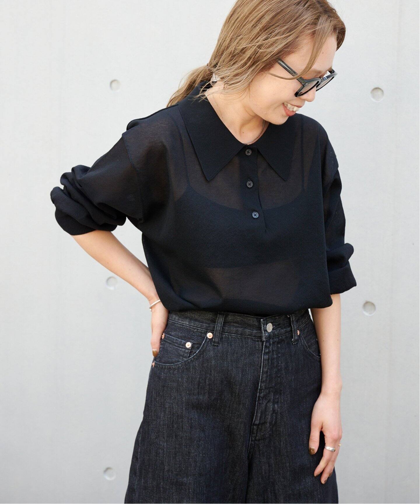 【FR2golf】ロングスリーブ ニットポロシャツ ネイビー XLサイズ ハイゲージシアーロングスリーブニットポロシャツ（ニット／セーター