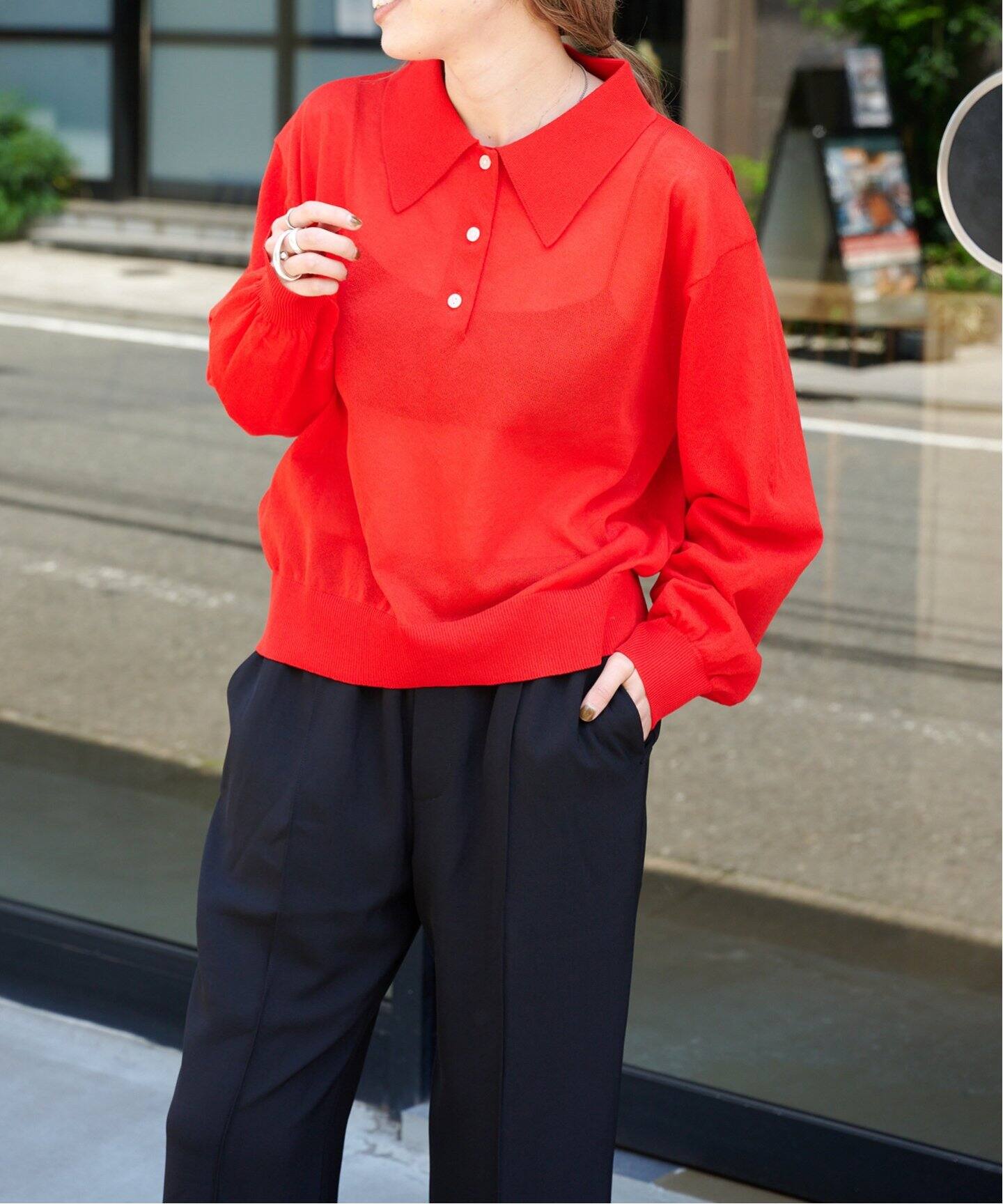 ハイゲージシアーロングスリーブニットポロシャツ（ニット／セーター