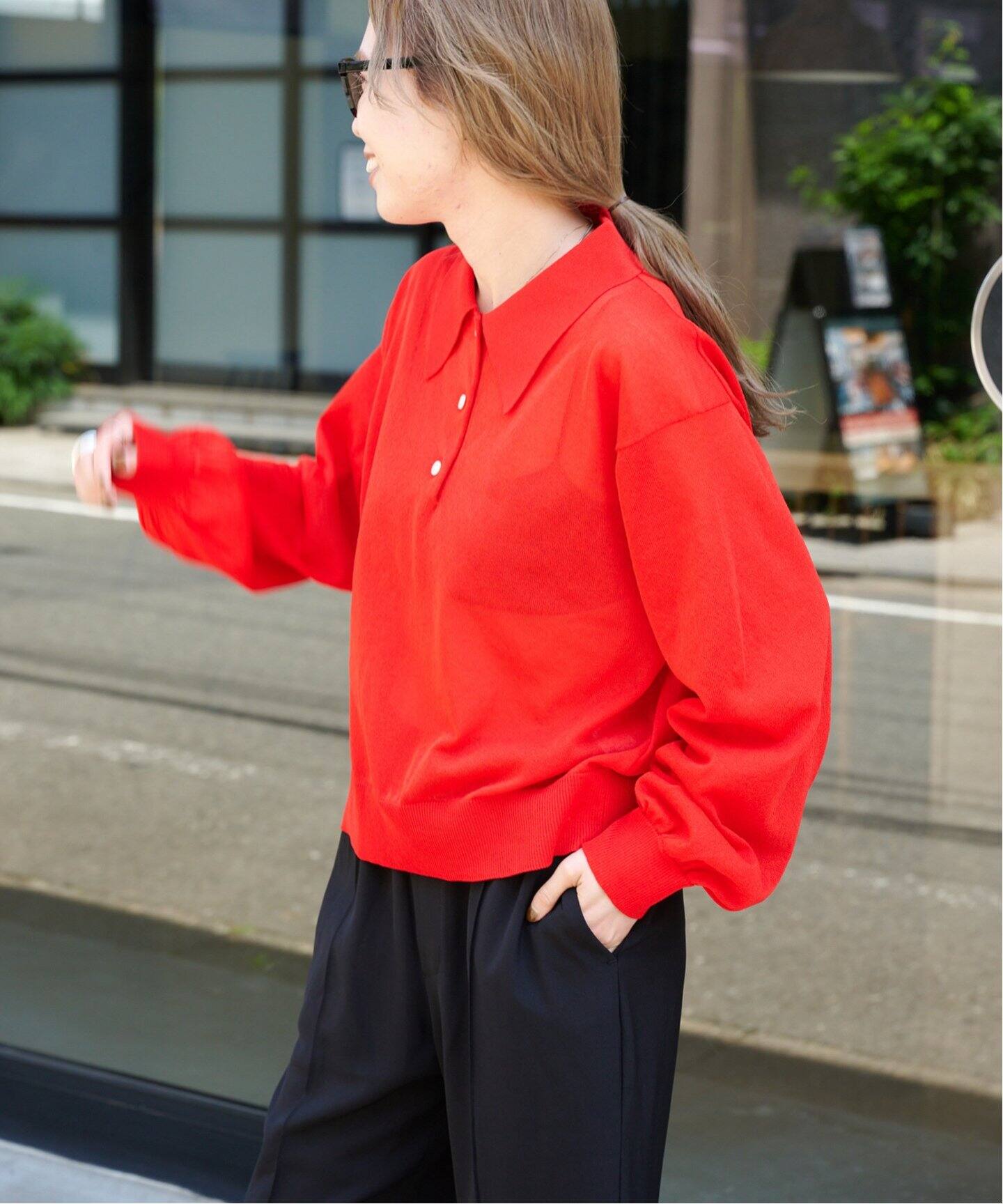 ハイゲージシアーロングスリーブニットポロシャツ（ニット／セーター