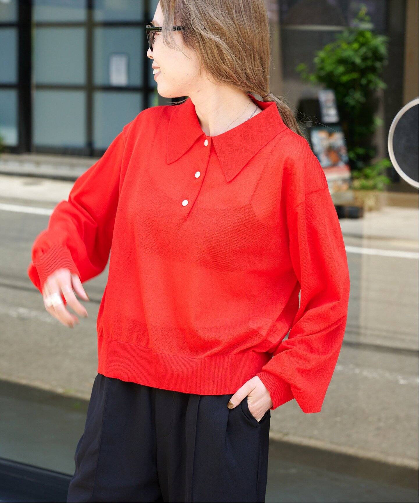 ハイゲージシアーロングスリーブニットポロシャツ（ニット／セーター