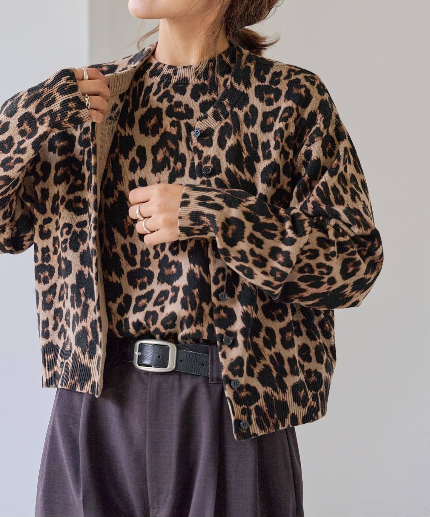 追加3 レオパード プリントクルーネックカーディガン（カーディガン