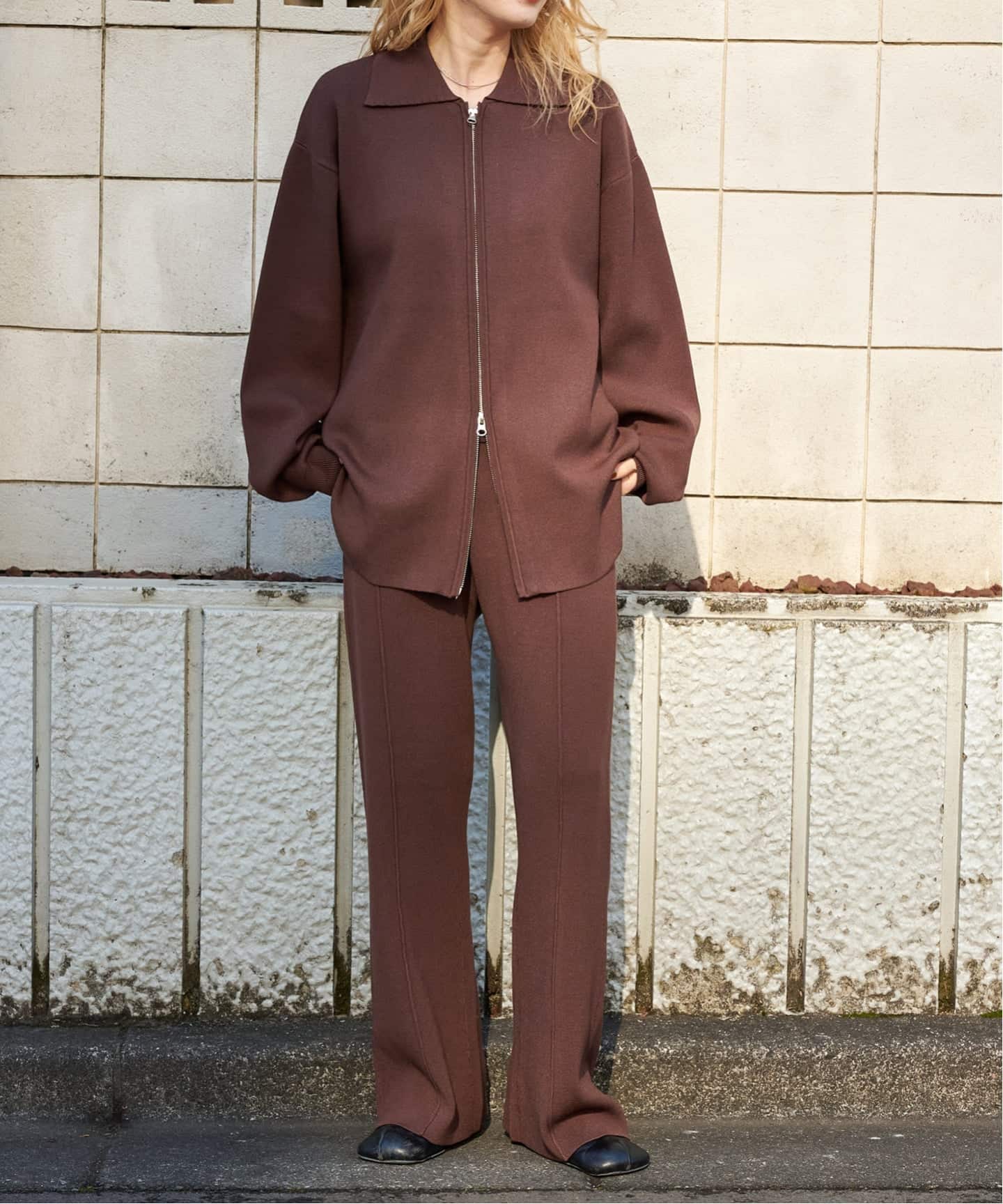 2点SET ジップニットシャツ×パンツセットアップ（つなぎ