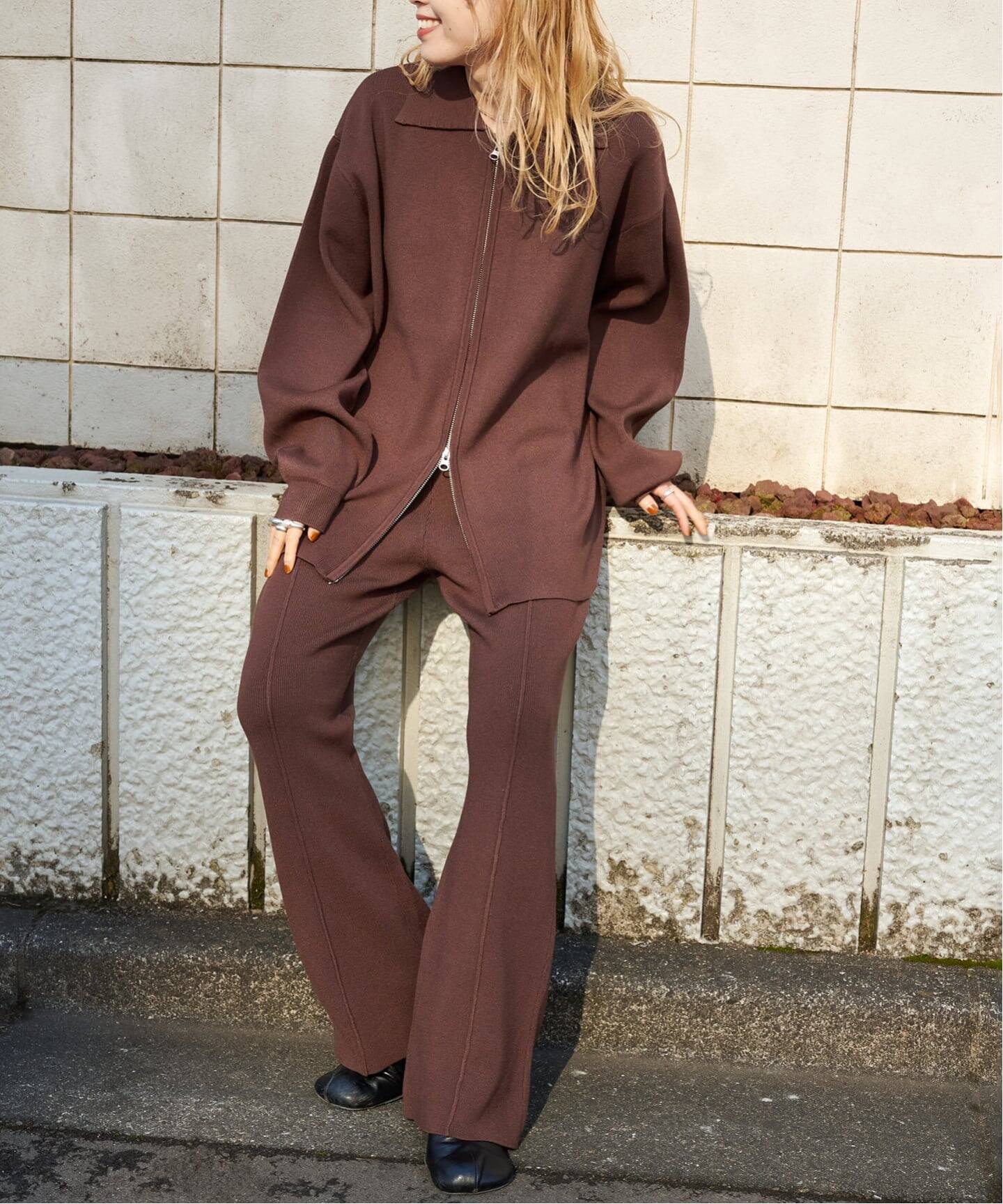 2点SET ジップニットシャツ×パンツセットアップ（つなぎ