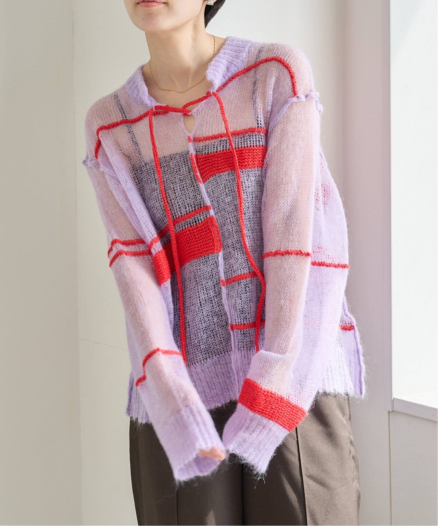 A CCORDION RANDOM BORDER LACEUP PULLOVER（ニット／セーター