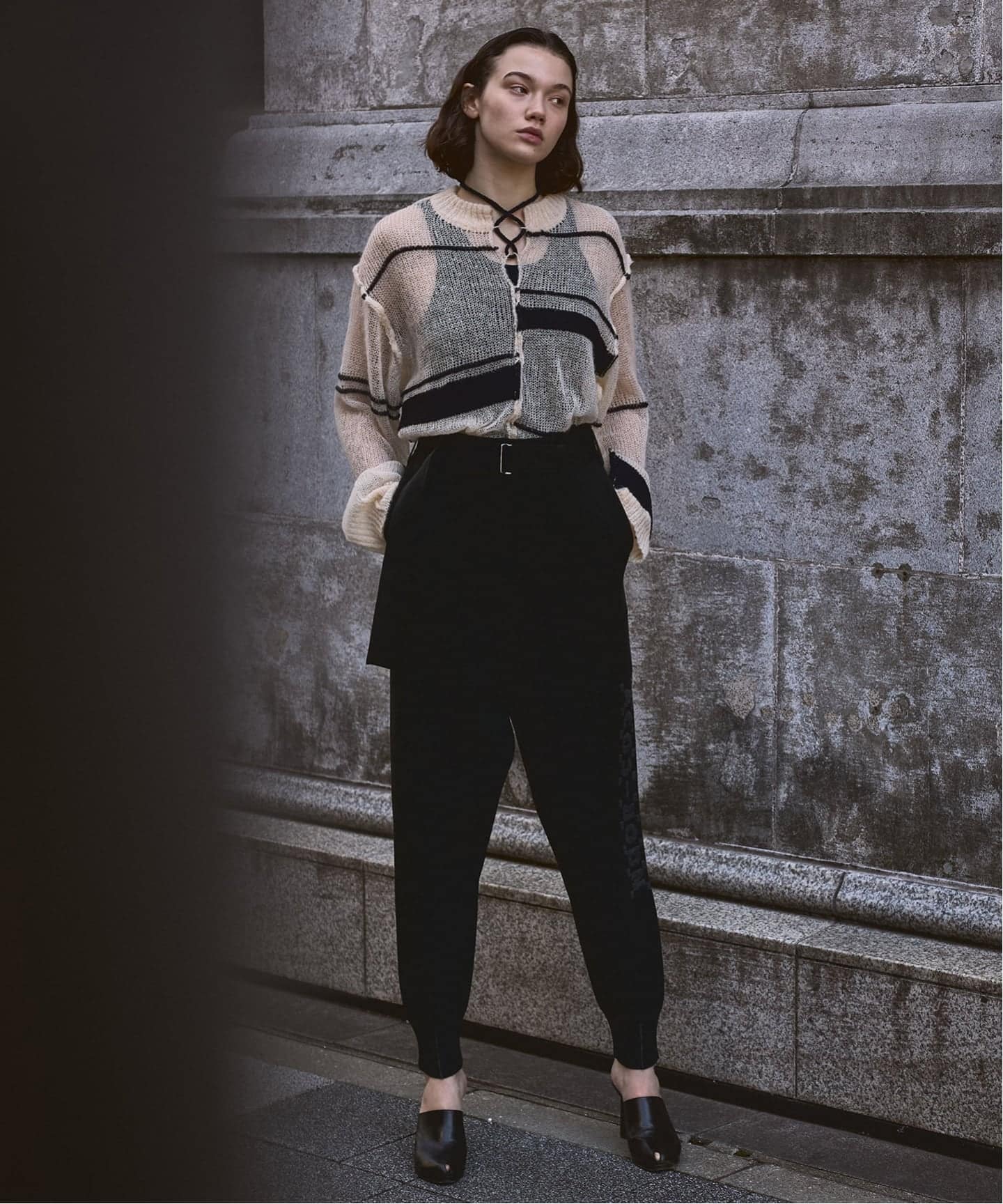 A CCORDION RANDOM BORDER LACEUP PULLOVER（ニット／セーター