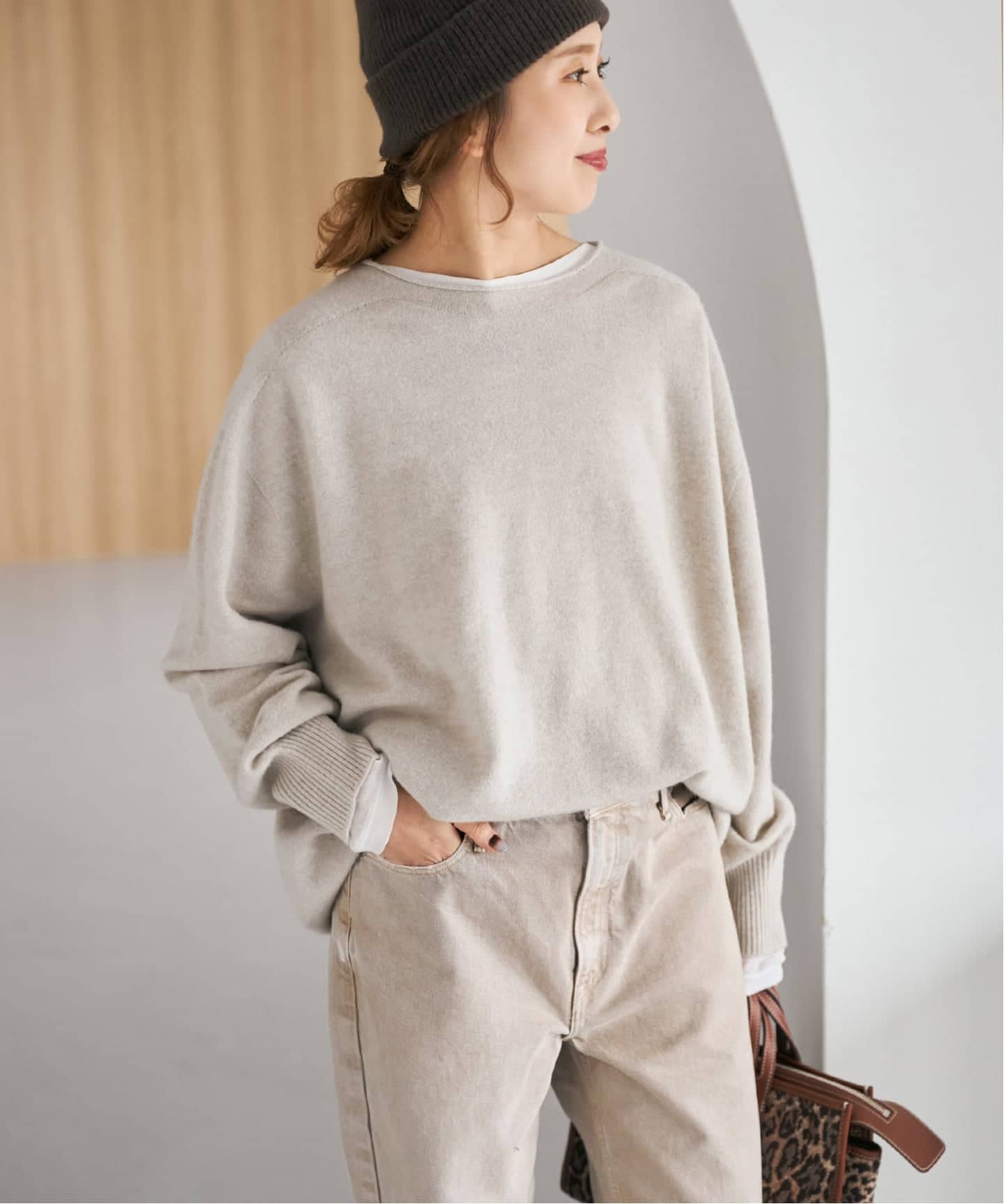 Spick and Span CHESSルーズボートネックニット グレー Spick and Span CHESSルーズボートネックニット グレー