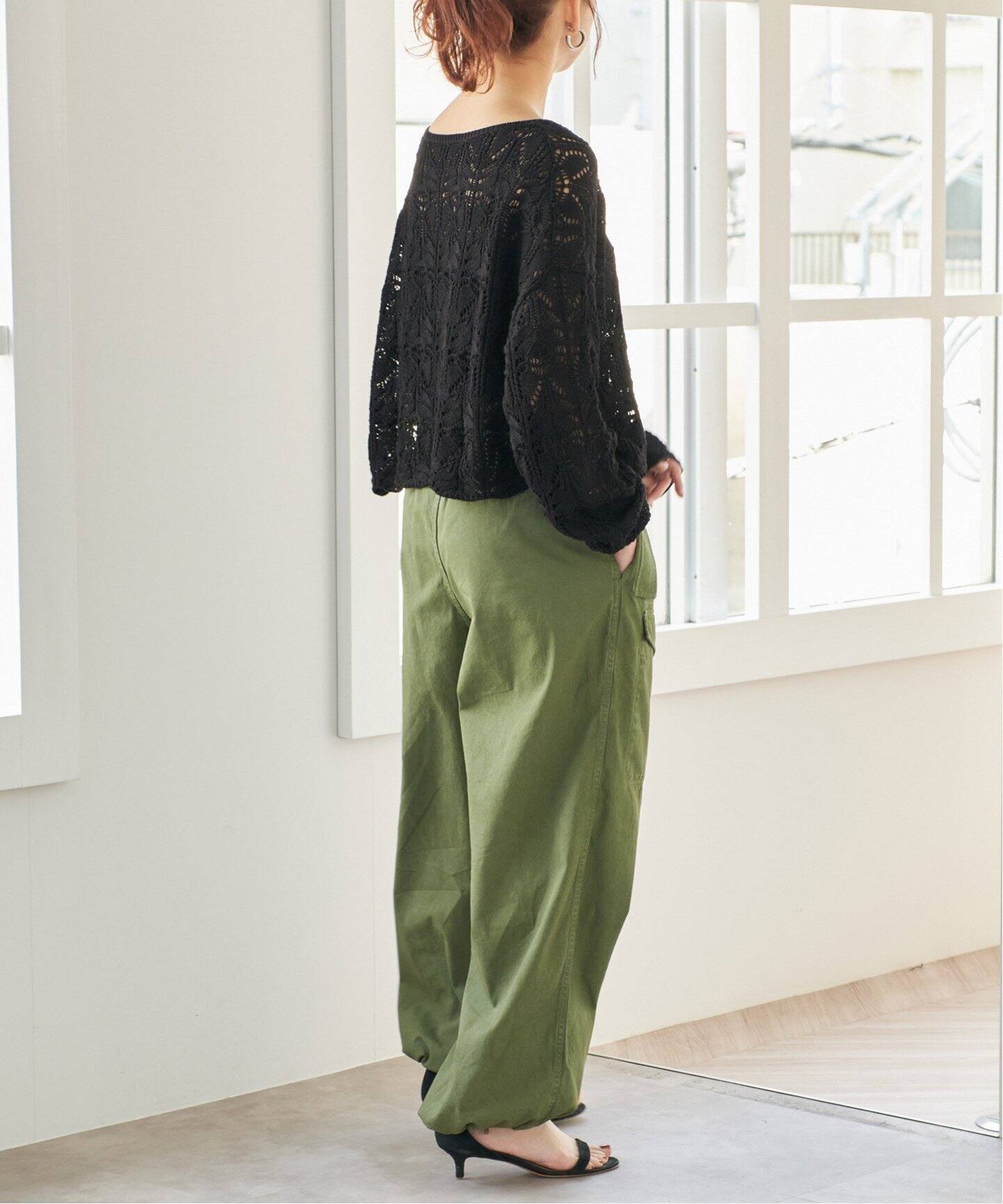 spick and span ギマコットン透かし編みボートネックニット　ブラック 追加》ギマコットン透かし編みボートネックニット（ニット