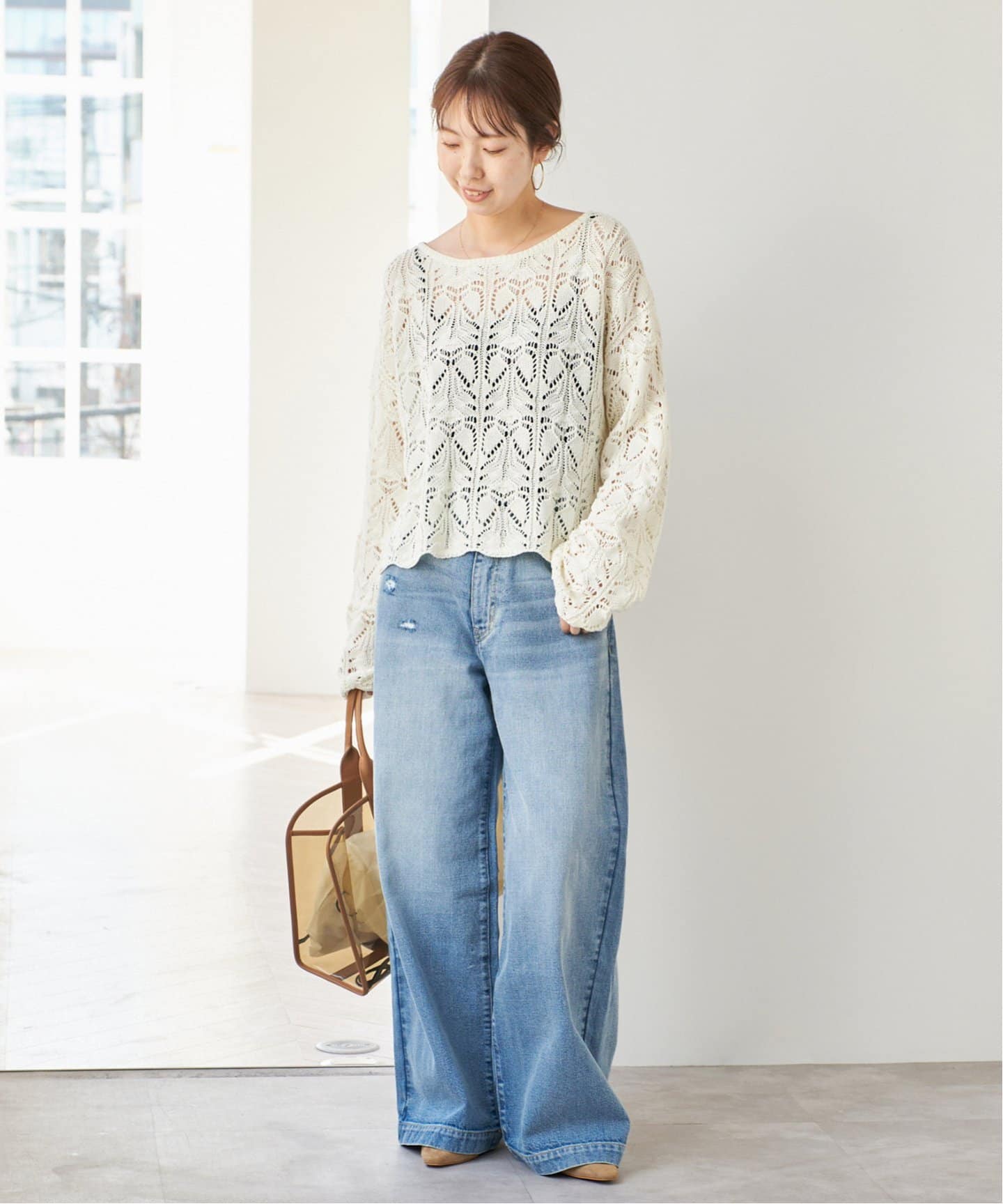 【新品】spick and span ギマコットン透かし編みボートネックニット白 Spick＆Span ニット セーター 「追加」ギマコットン透かし編み