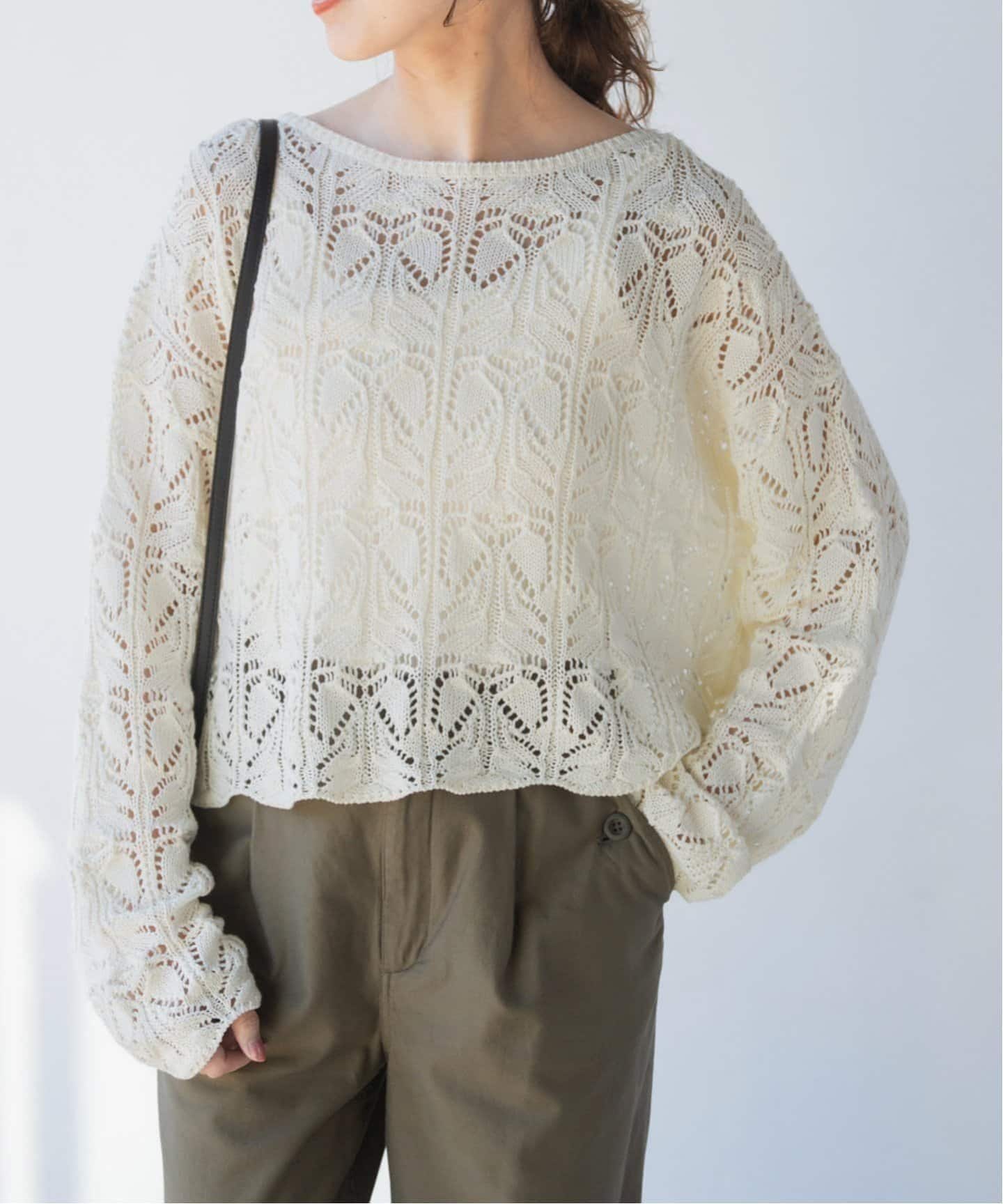 Spick and Span ギマコットン透かし編みボートネックニット Spick＆Span ニット セーター 「追加」ギマコットン透かし編み