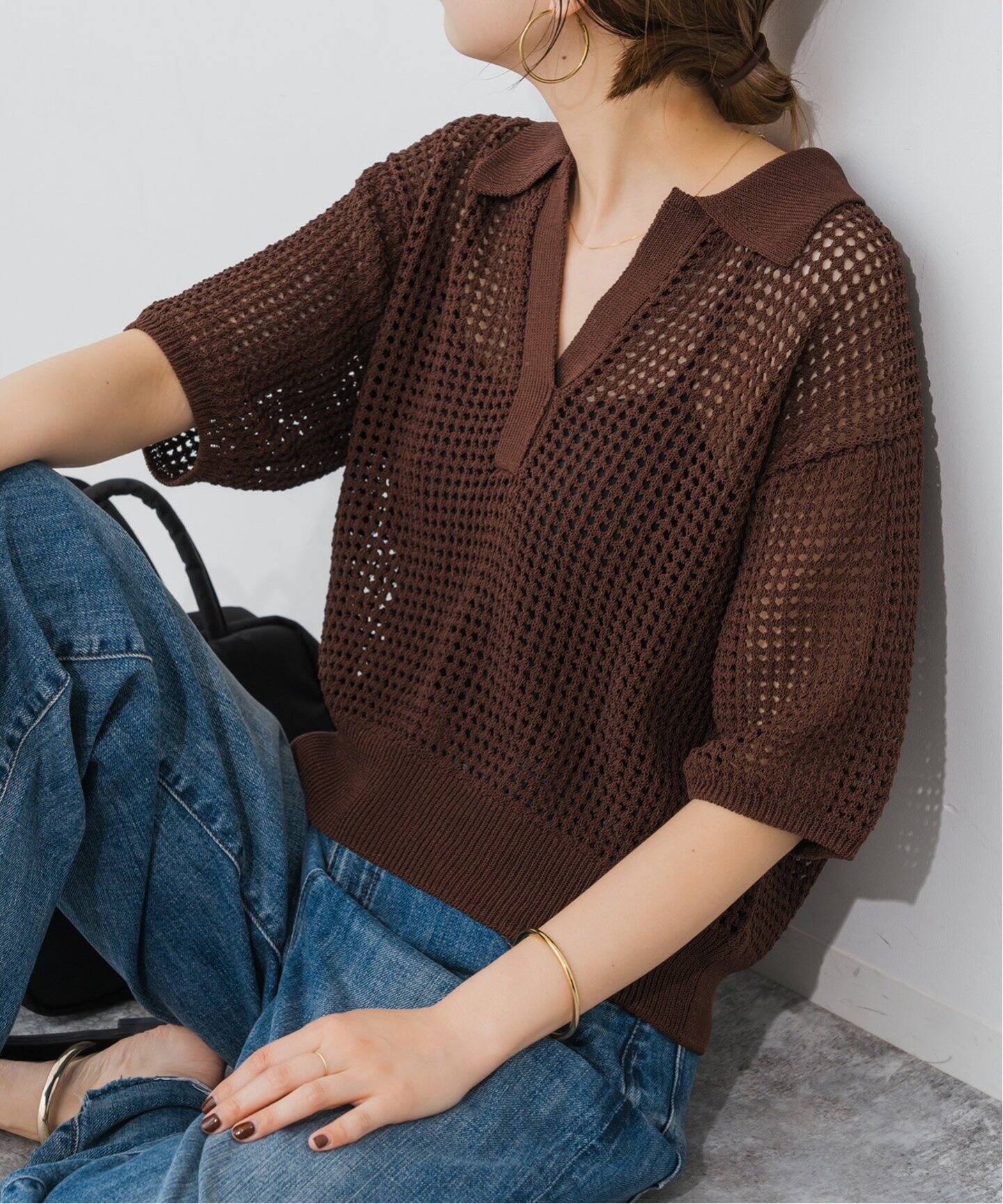 かぐれ✨24SS　ハーフスリーブポロニット　ブラック　リネン　完売品 ラメメッシュハーフスリーブニットポロシャツ