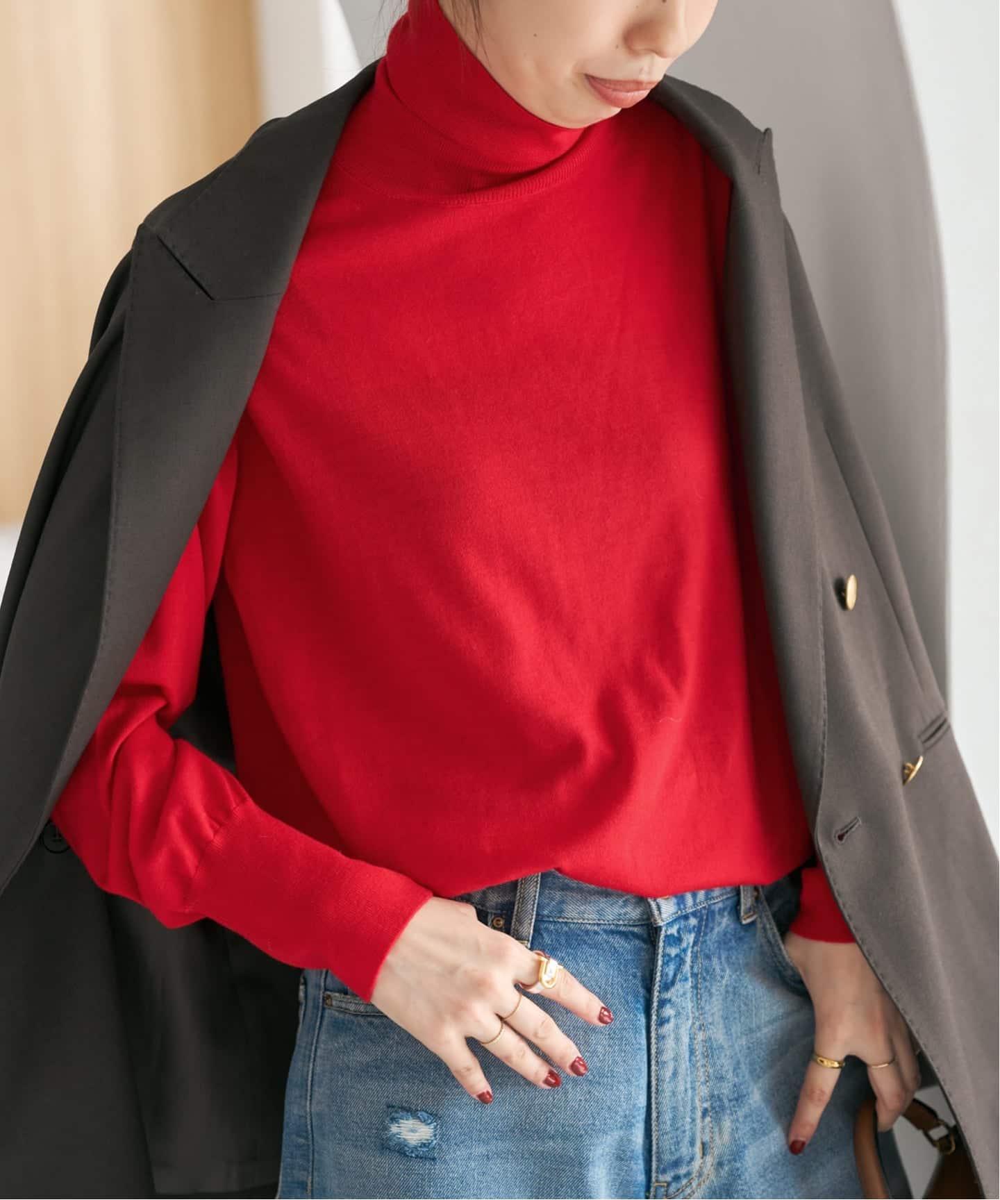 タートルネックフラワーマーケット赤　サイズ18 手洗い可 / 追加》18Gタートルネックプルオーバー（ニット／セーター