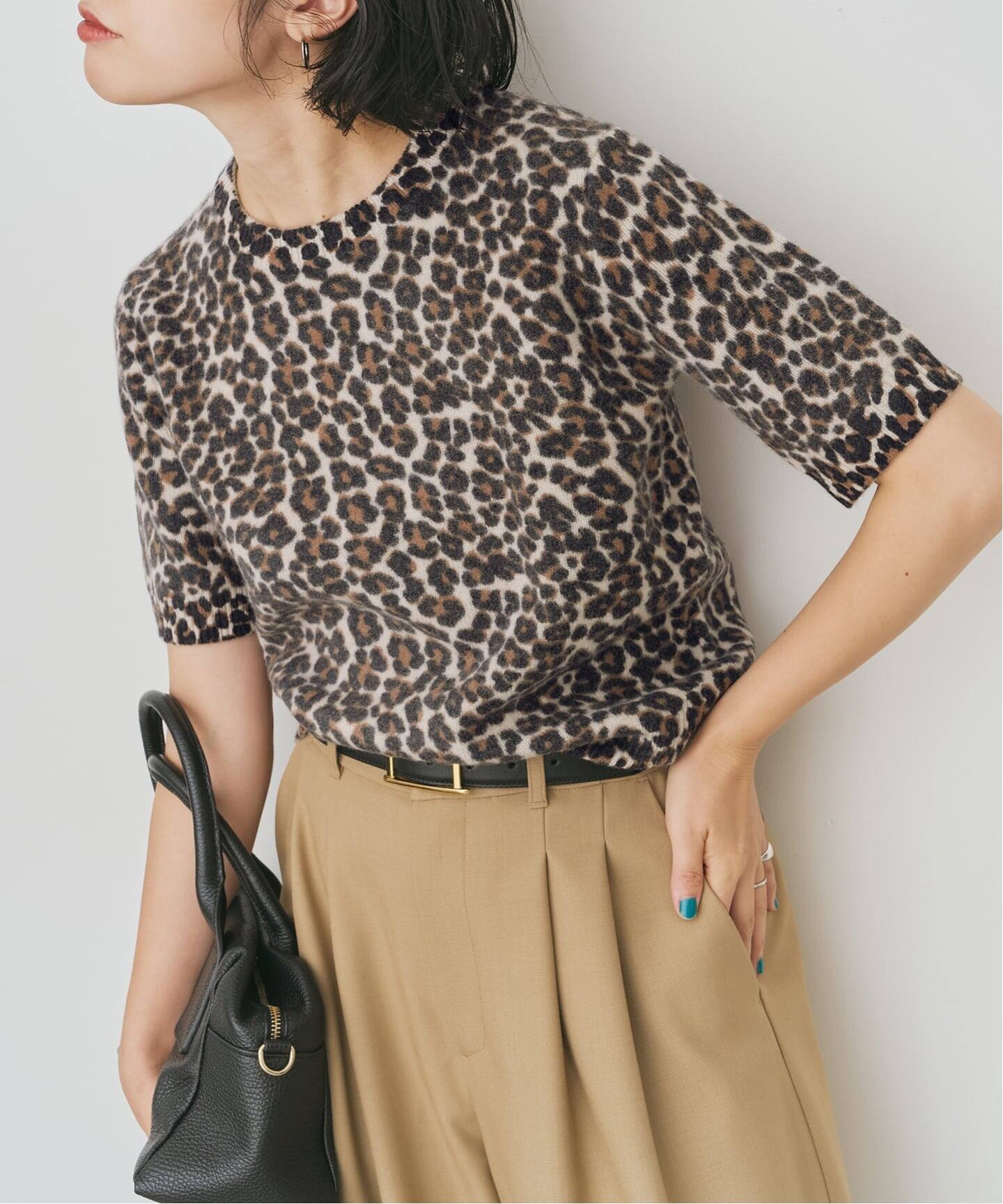 新品 スピックアンドスパン コンパクトキャップスリーブ2枚&レオパードスカート レオパードプリントハーフスリーブニット（ニット／セーター）｜Spick