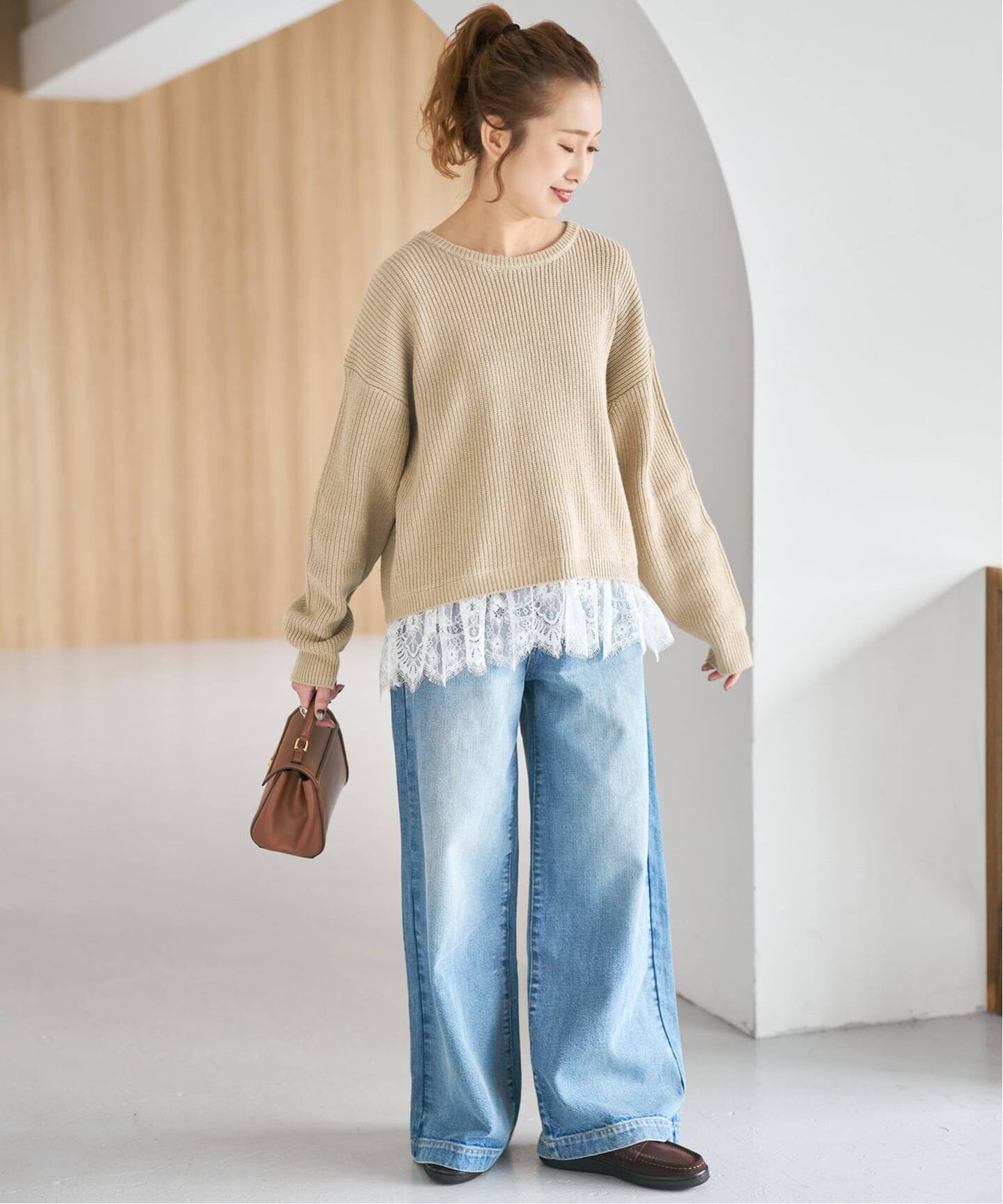 レースドッキング畦ニットプルオーバー（ニット／セーター）｜Spick