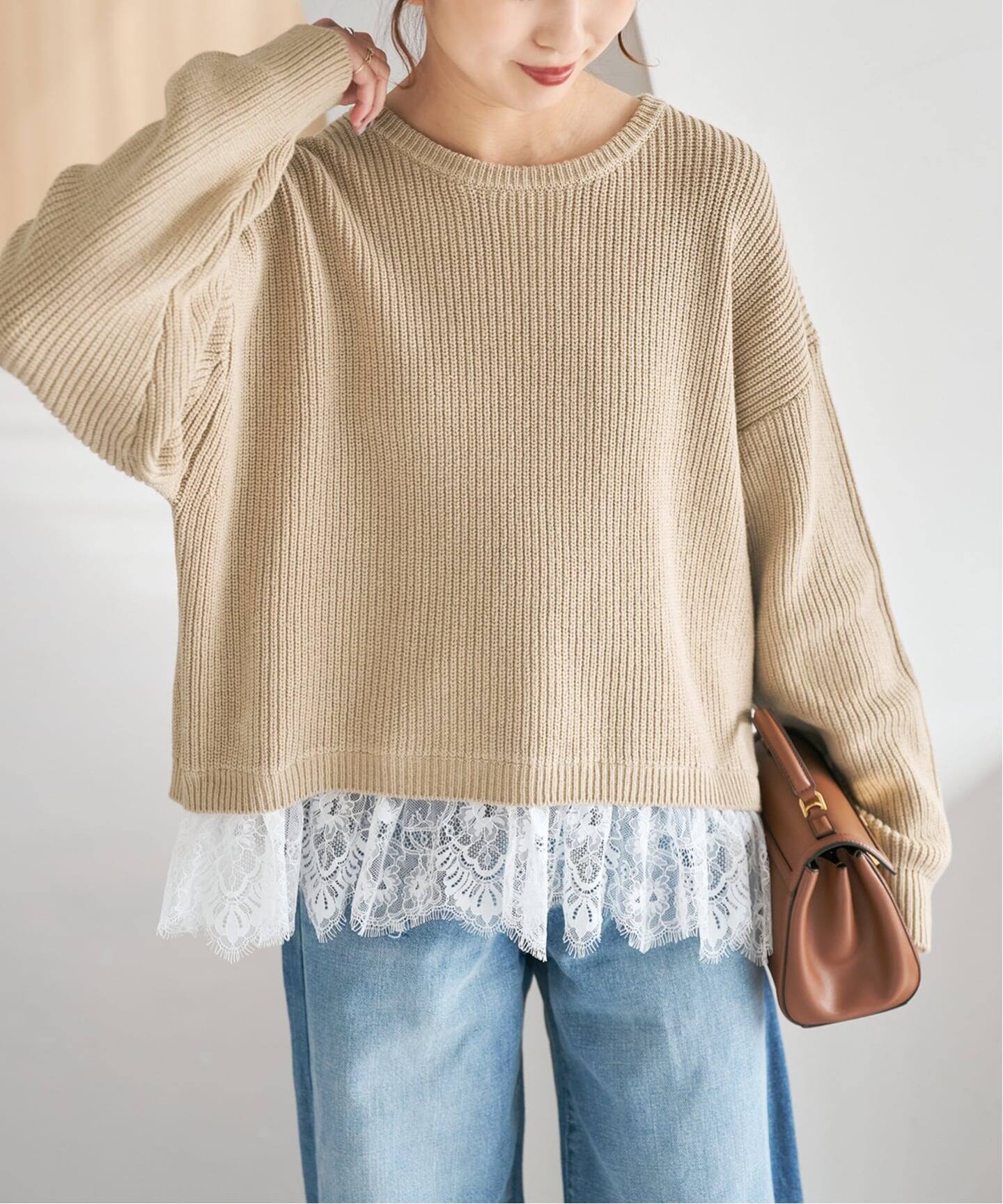 レースドッキング畦ニットプルオーバー（ニット／セーター）｜Spick