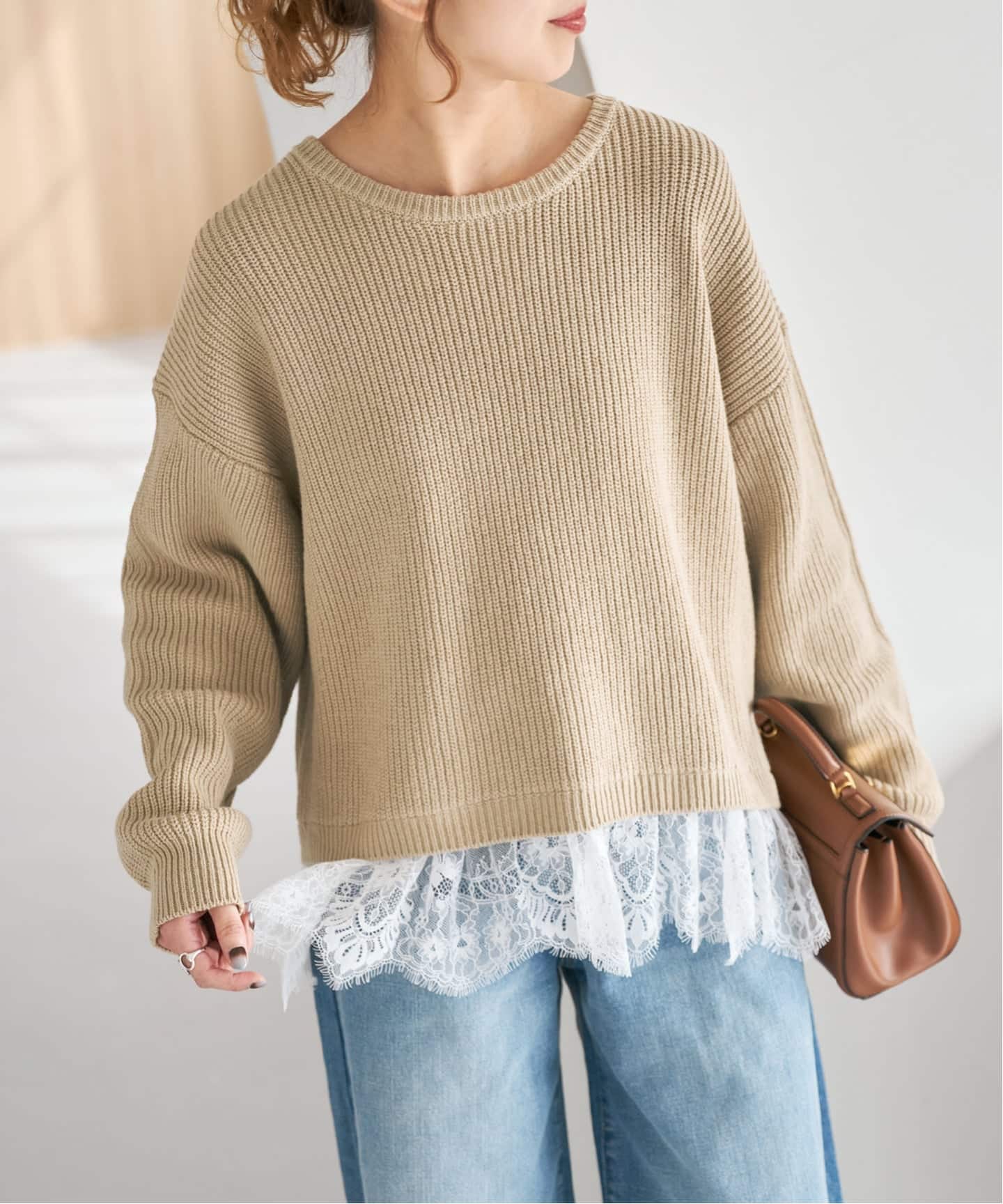 レースドッキング畦ニットプルオーバー（ニット／セーター）｜Spick