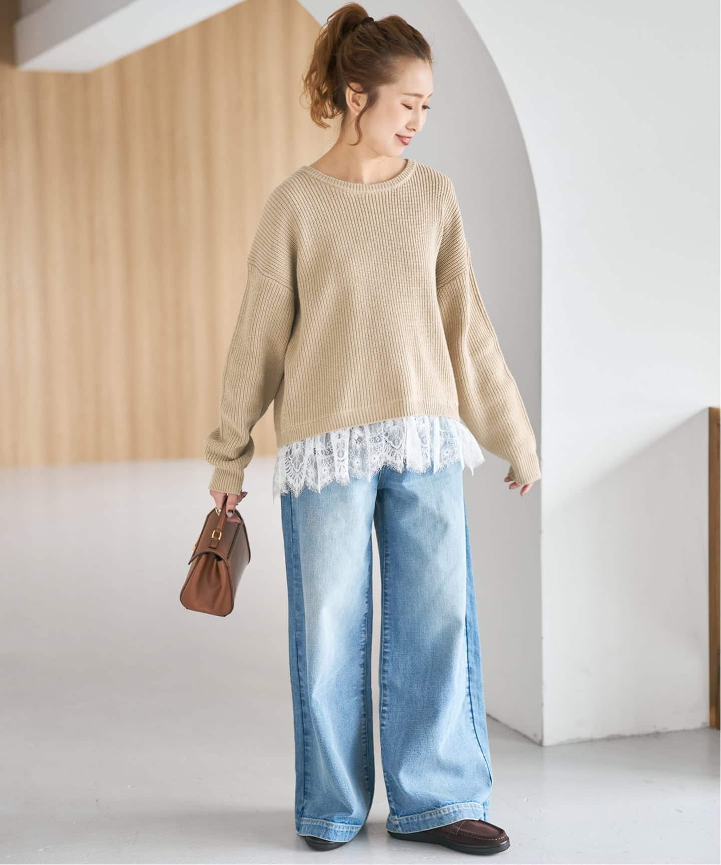 追加》レースドッキング畦ニットプルオーバー（ニット／セーター