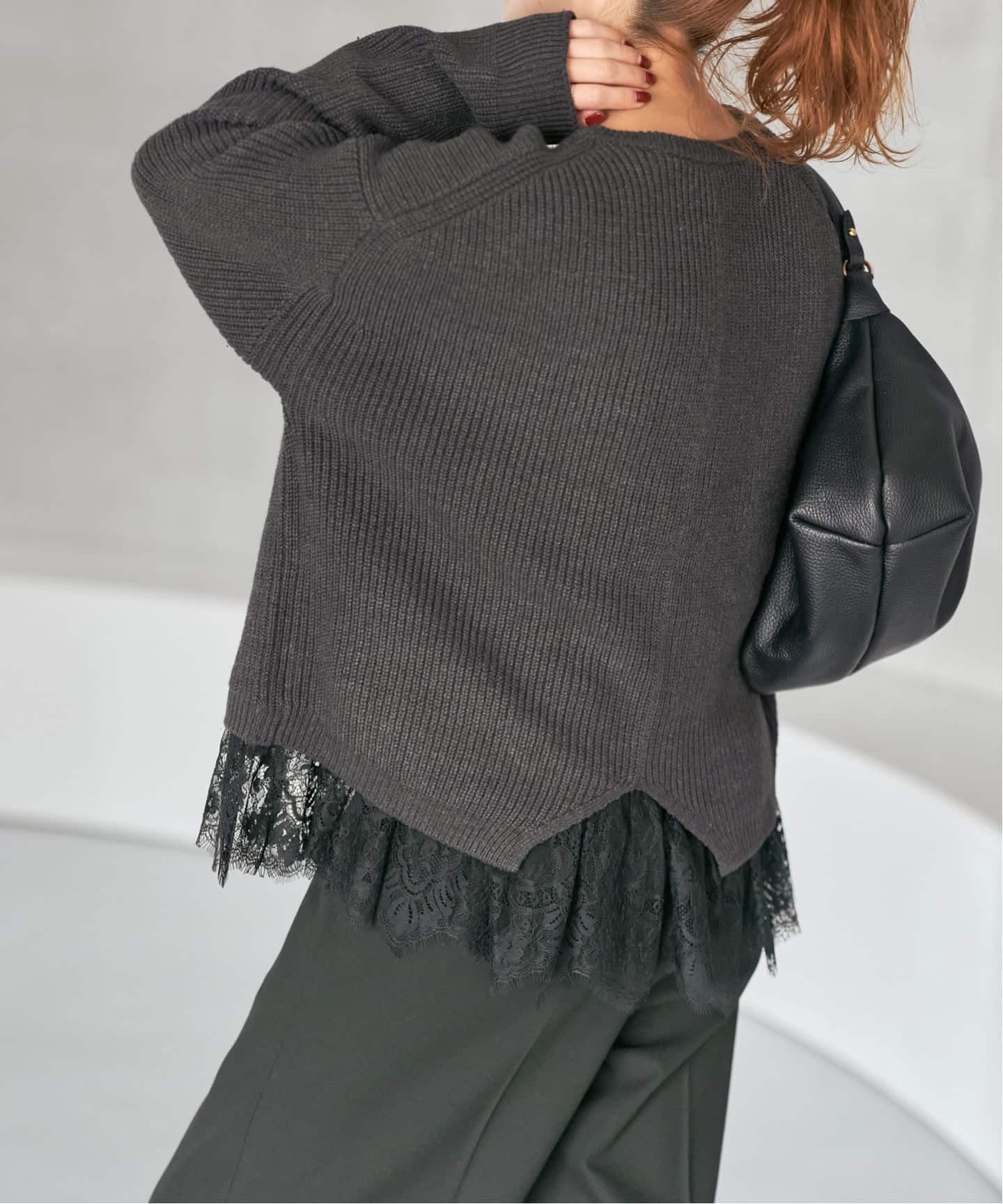 追加》レースドッキング畦ニットプルオーバー（ニット／セーター