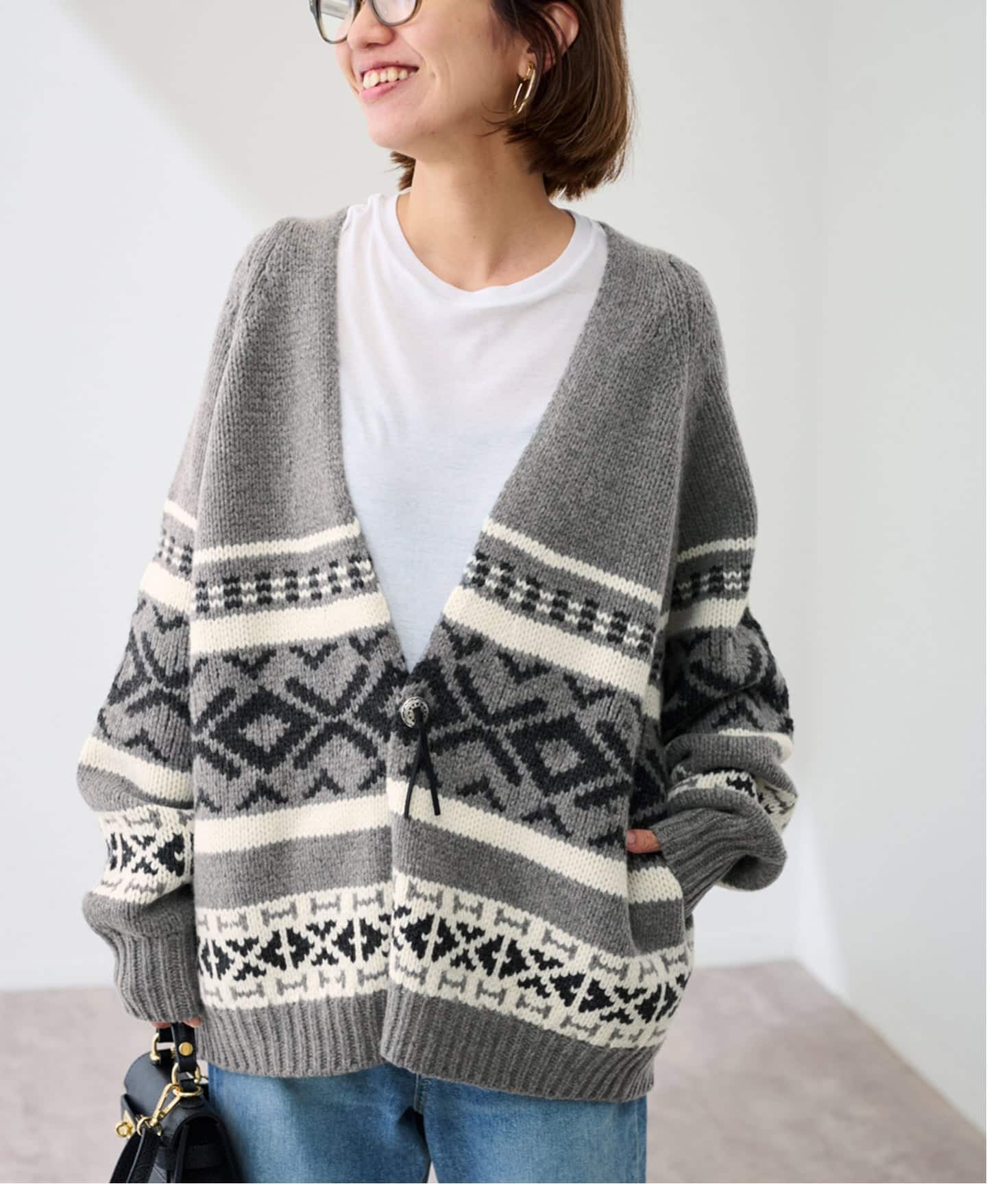 美品 フレームワーク♡ジャガードZIPカーディガン グレー カウチン