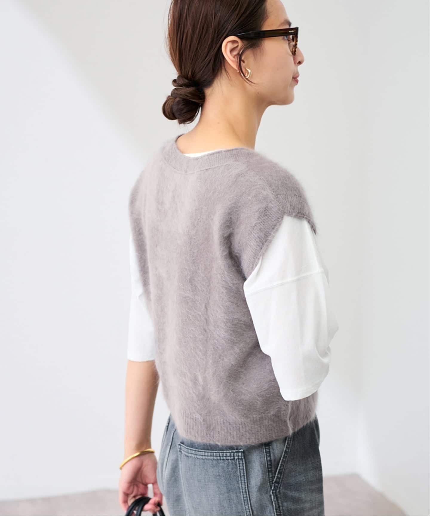 【エンリカ】日本製　カシミヤ　シャギーニットベスト　カシミア100%　カーキ クーポン対象】enrica エンリカ カシミア シャギー Vネック