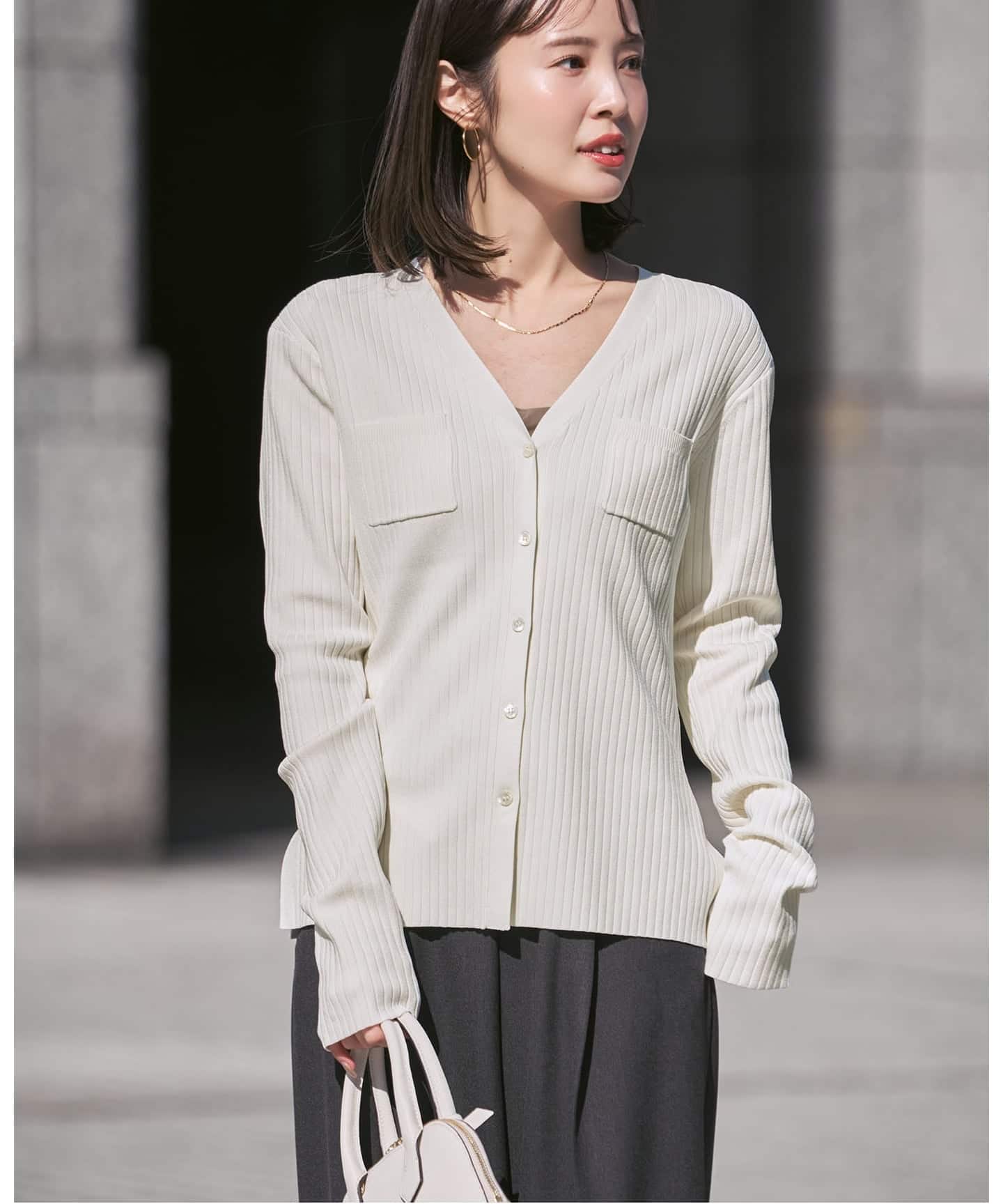 追加》ナローワイドリブVカーディガン（ニット／セーター）｜NOBLE