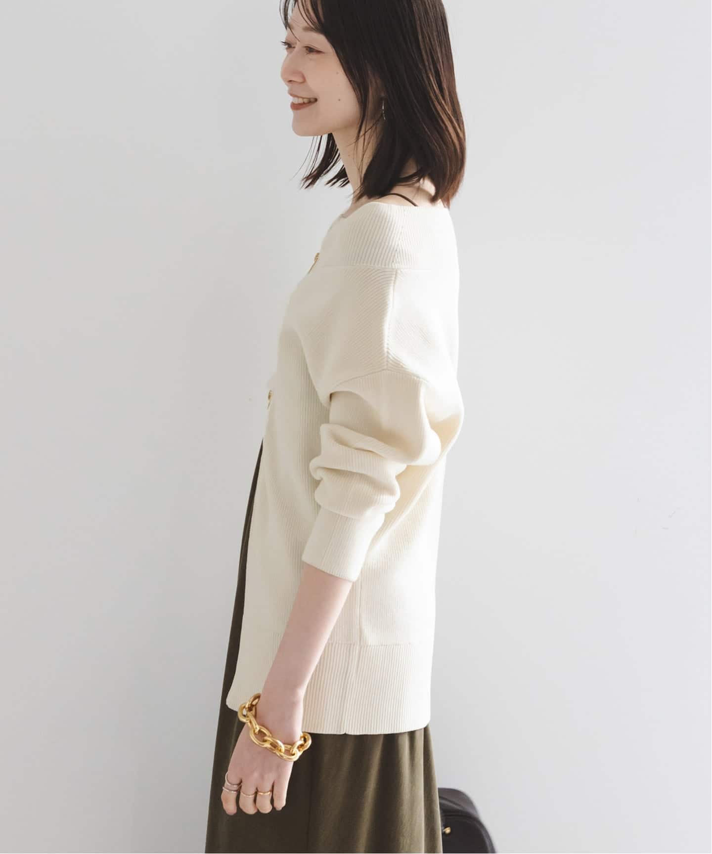 NOBLE ノーブル フロントジップボートネックニット ホワイト WEB限定追加》フロントジップボートネックニット（ニット