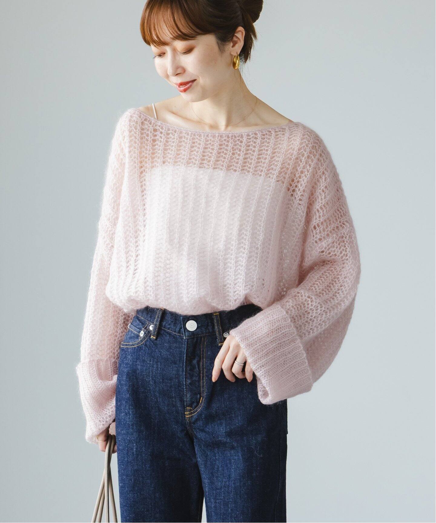 新品　ヤマダヤ　Vin ヴァン ノースリーブセーター クレージュ　シースルー L】アセテートナイロン天竺 7分袖Vネックニットプルオーバー