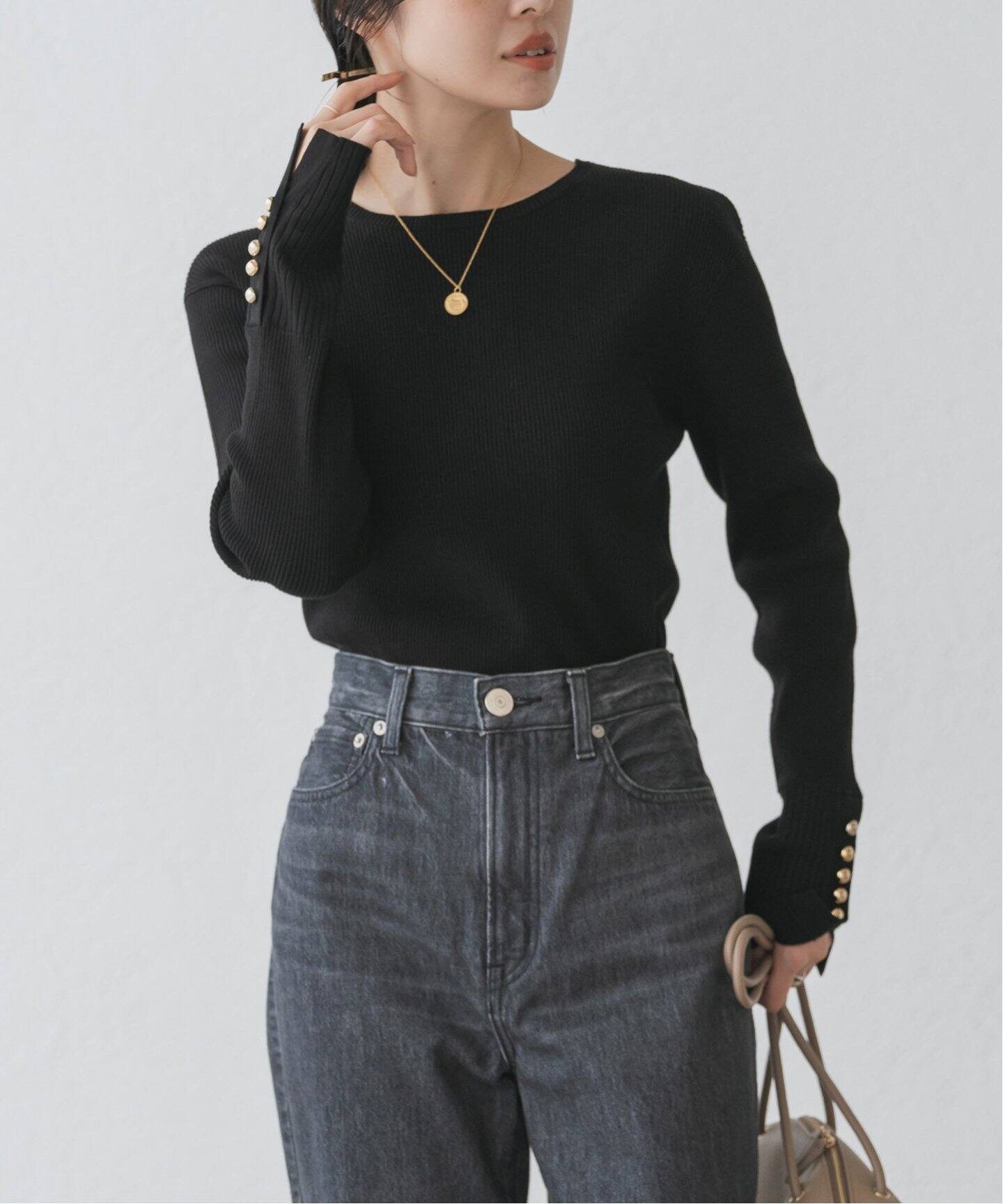美品 25AW NOBLE ノーブル ボタンディテールタイトリブニット 25080240709140 ブラック レディース 古着 中古 USED ボタンディテールタイトリブニット（ニット／セーター）｜NOBLE
