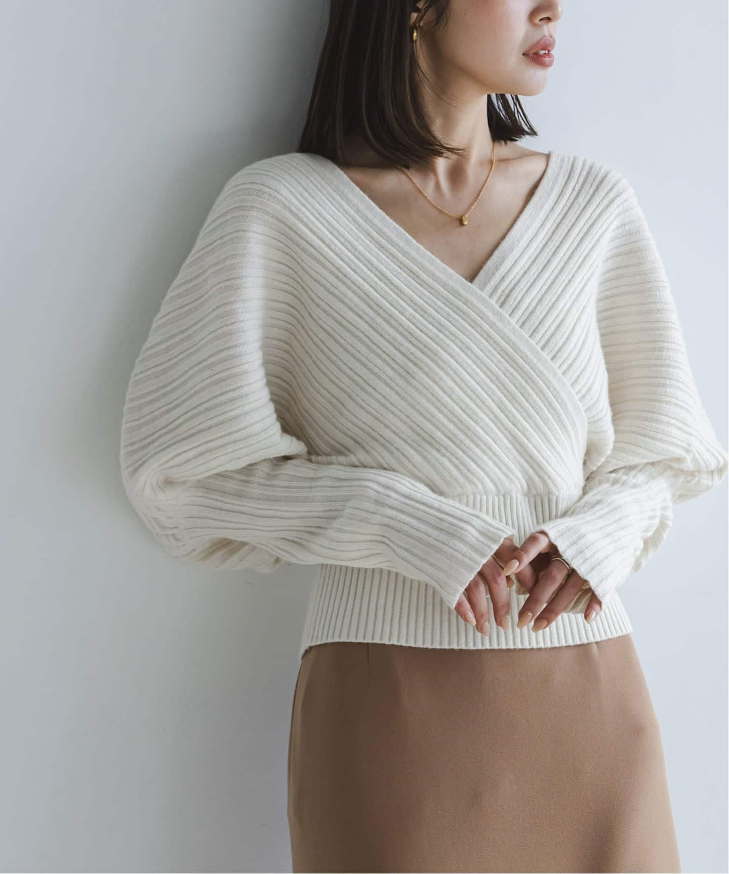 予約》カシュクールランダムリブニットプルオーバー（ニット／セーター