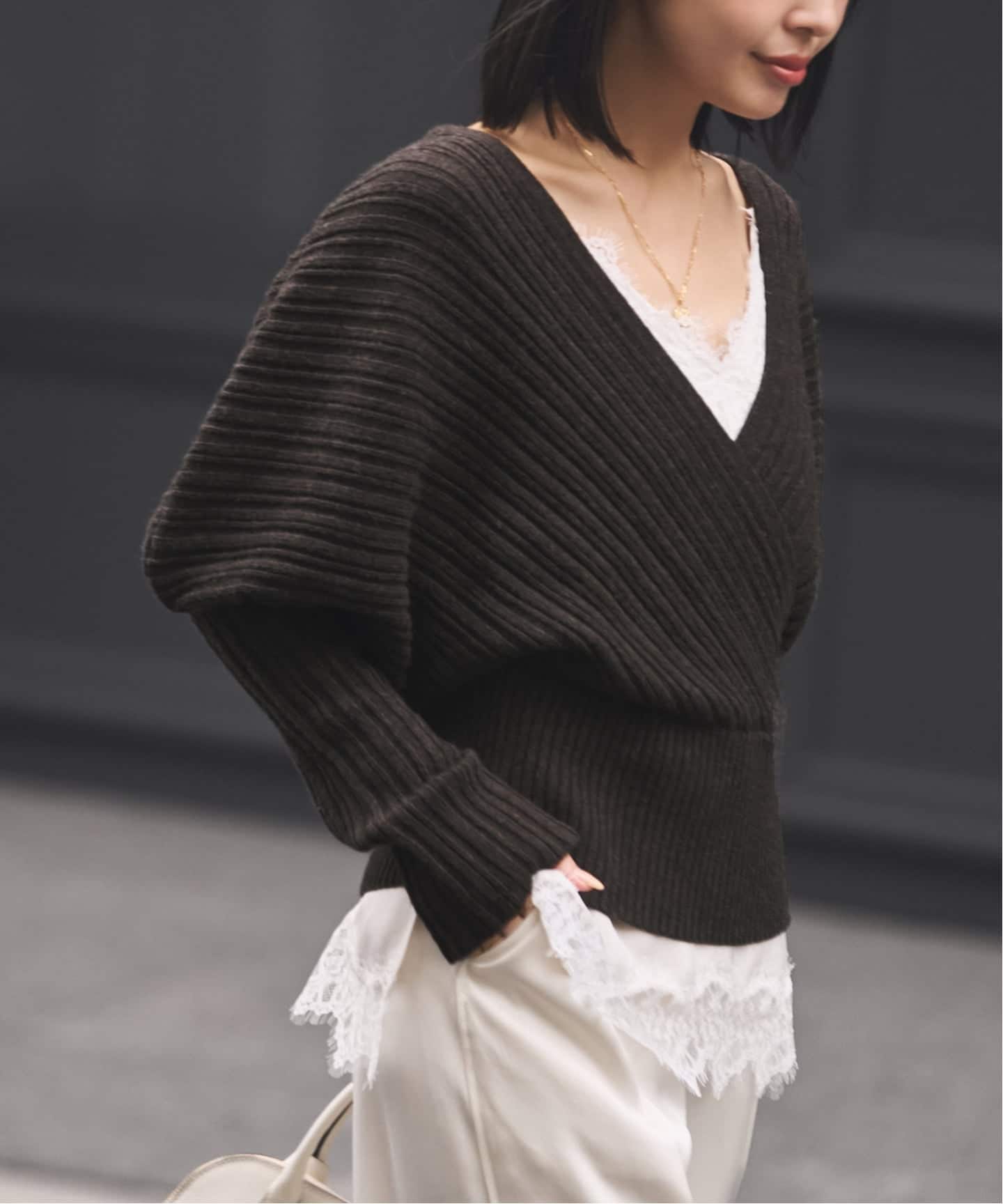 カシュクールランダムリブニットプルオーバー（ニット／セーター