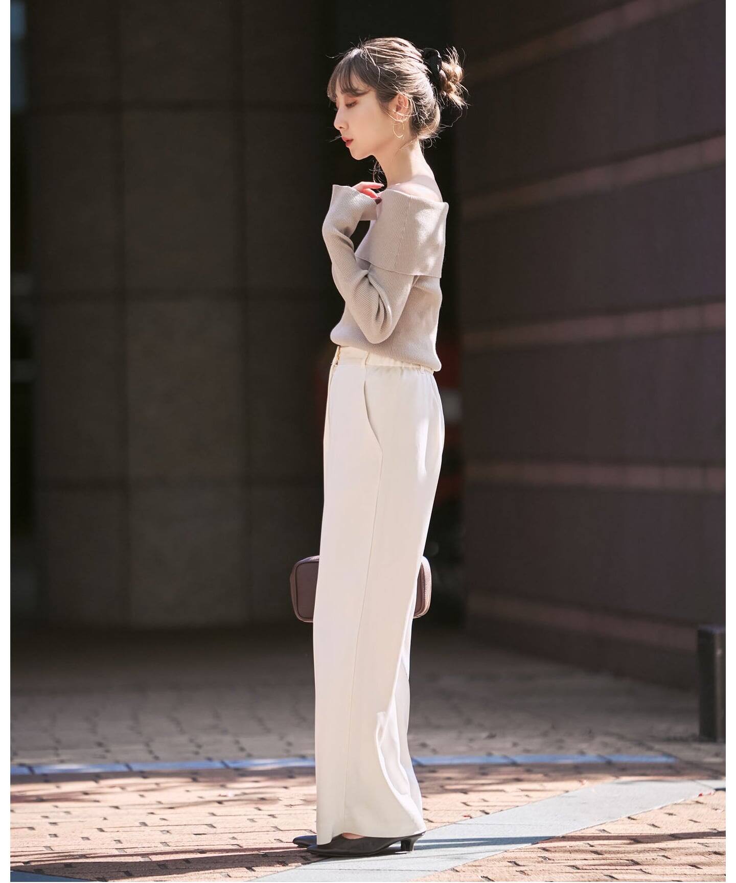 NOBLE オフショルダーリブニット ホワイト ラメmixオフショルニット（ニット／セーター）｜NOBLE（ノーブル）の