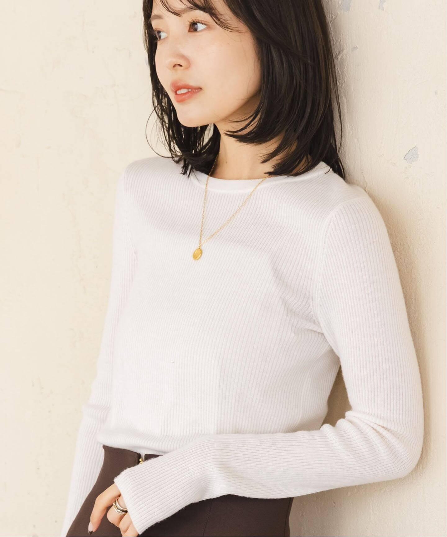 noble リブクルーネックニット ホワイト レディース 追加》リブクルーネックニット（ニット／セーター）｜NOBLE（ノーブル