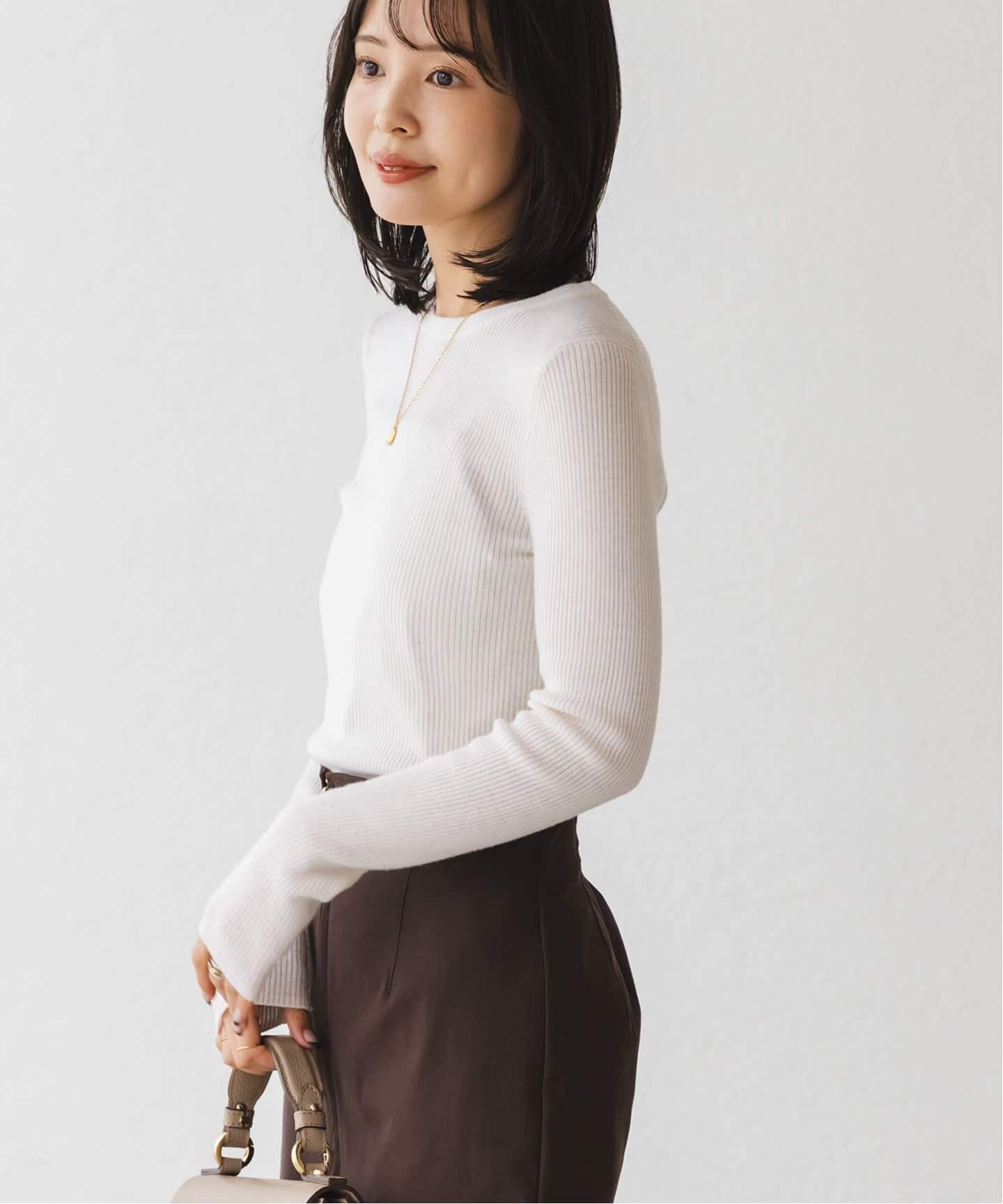 noble リブクルーネックニット ホワイト レディース 追加》リブクルーネックニット（ニット／セーター）｜NOBLE（ノーブル