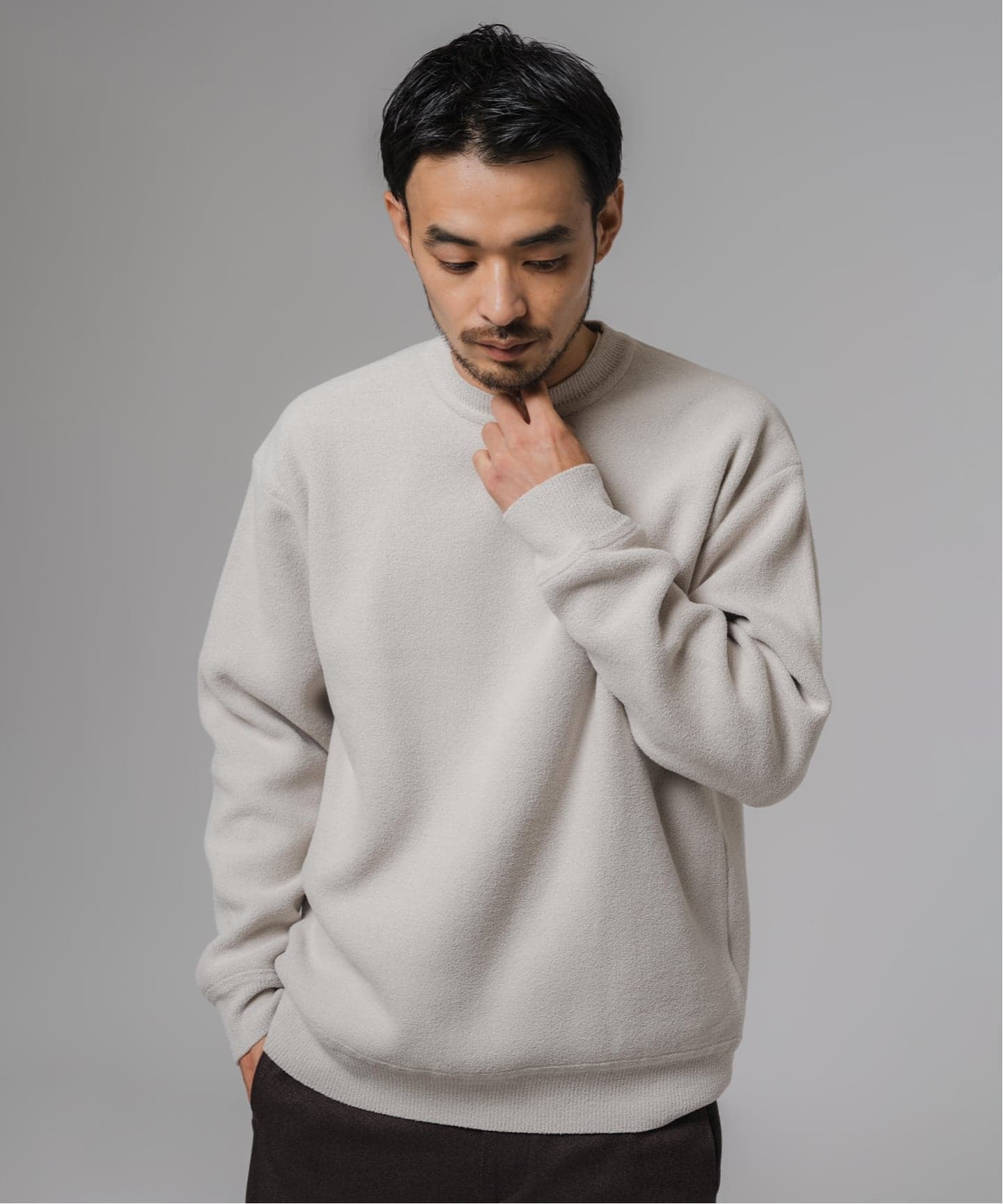 【ライトグレー】モールヤーンクルーネックニット クルーネックセーター【モールヤーン】 (ACKN5106-31) | ACTIBIZ