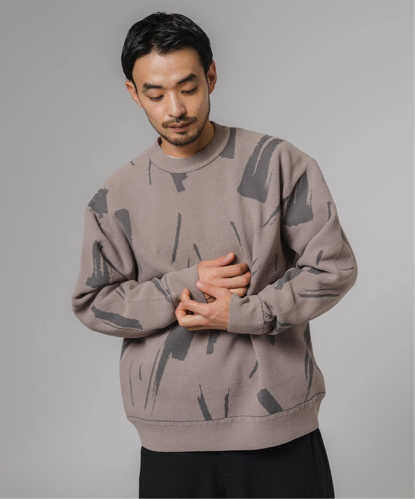 ジャガード シェニール ヤーン クルーネック プルオーバー（ニット